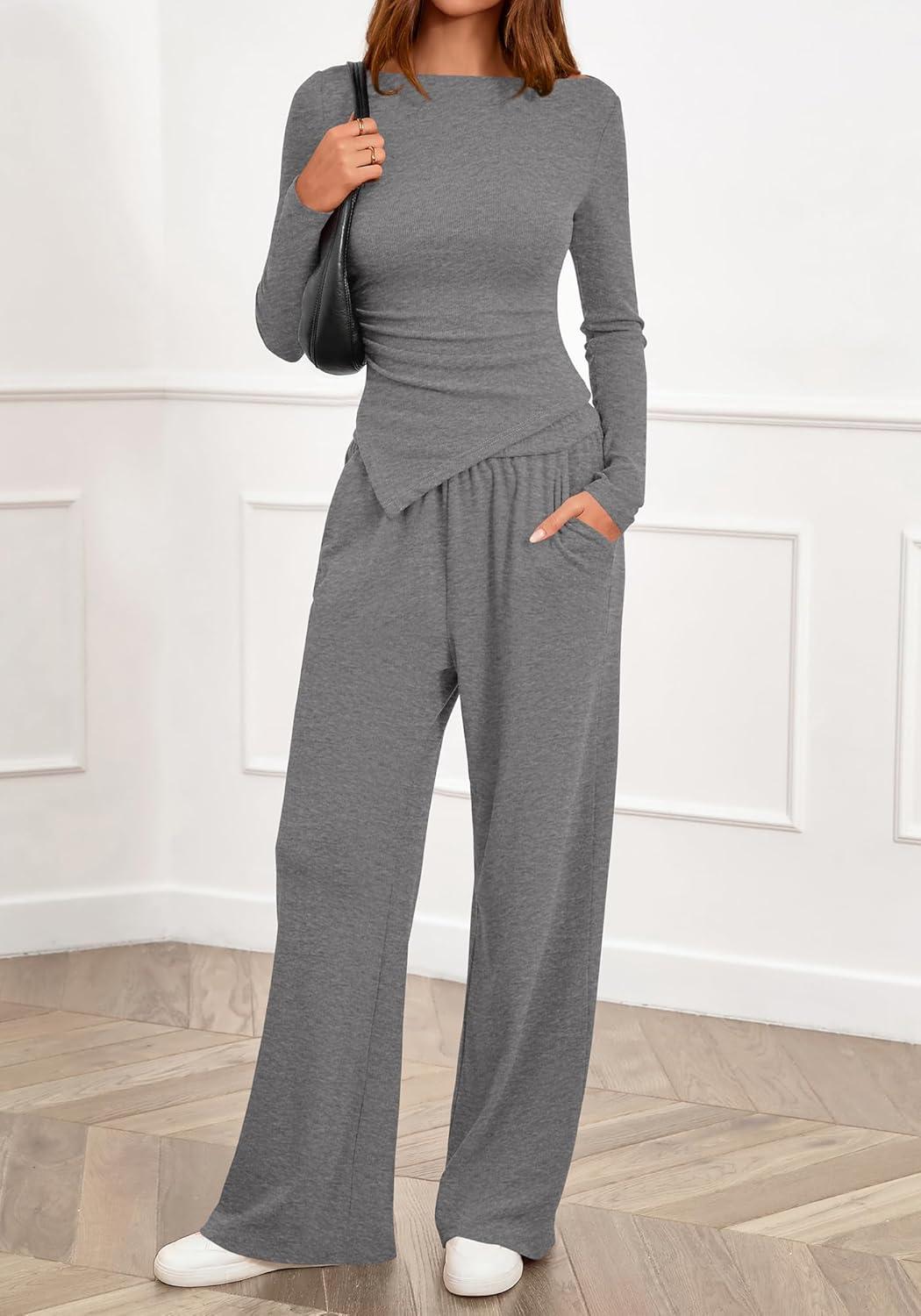 imageBTFBM Two Piece Sets For Women 2025 Asymmetrical Boat Neck Wide Leg Pants Lounge Set Airport Outfits Fall ClothesGrey