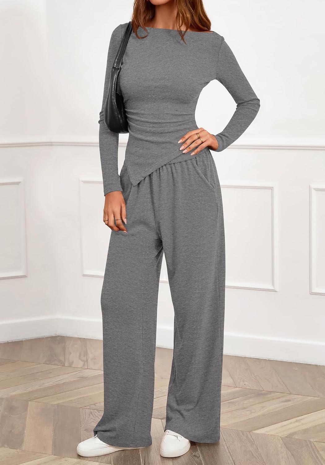 imageBTFBM Two Piece Sets For Women 2025 Asymmetrical Boat Neck Wide Leg Pants Lounge Set Airport Outfits Fall ClothesGrey