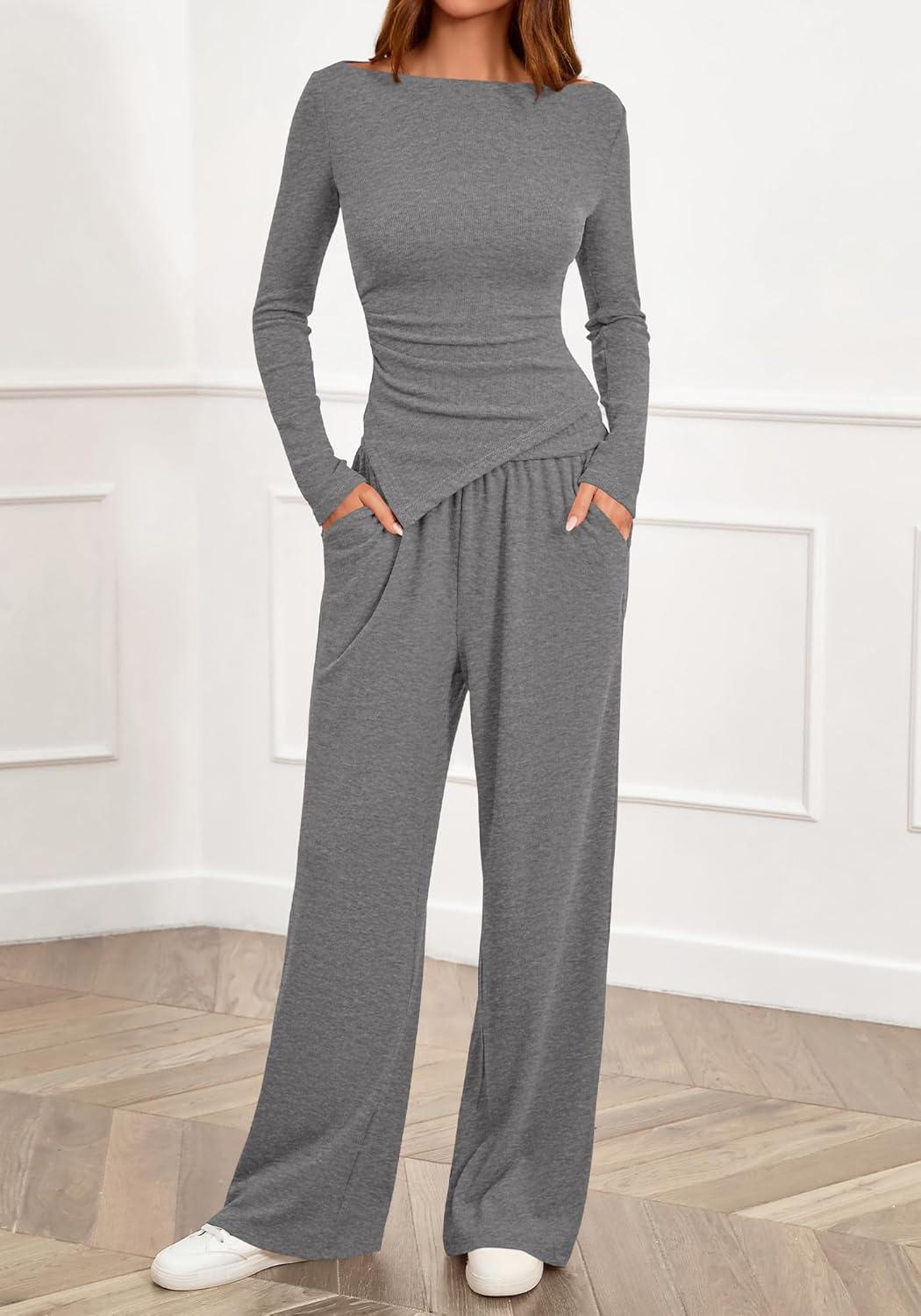 imageBTFBM Two Piece Sets For Women 2025 Asymmetrical Boat Neck Wide Leg Pants Lounge Set Airport Outfits Fall ClothesGrey