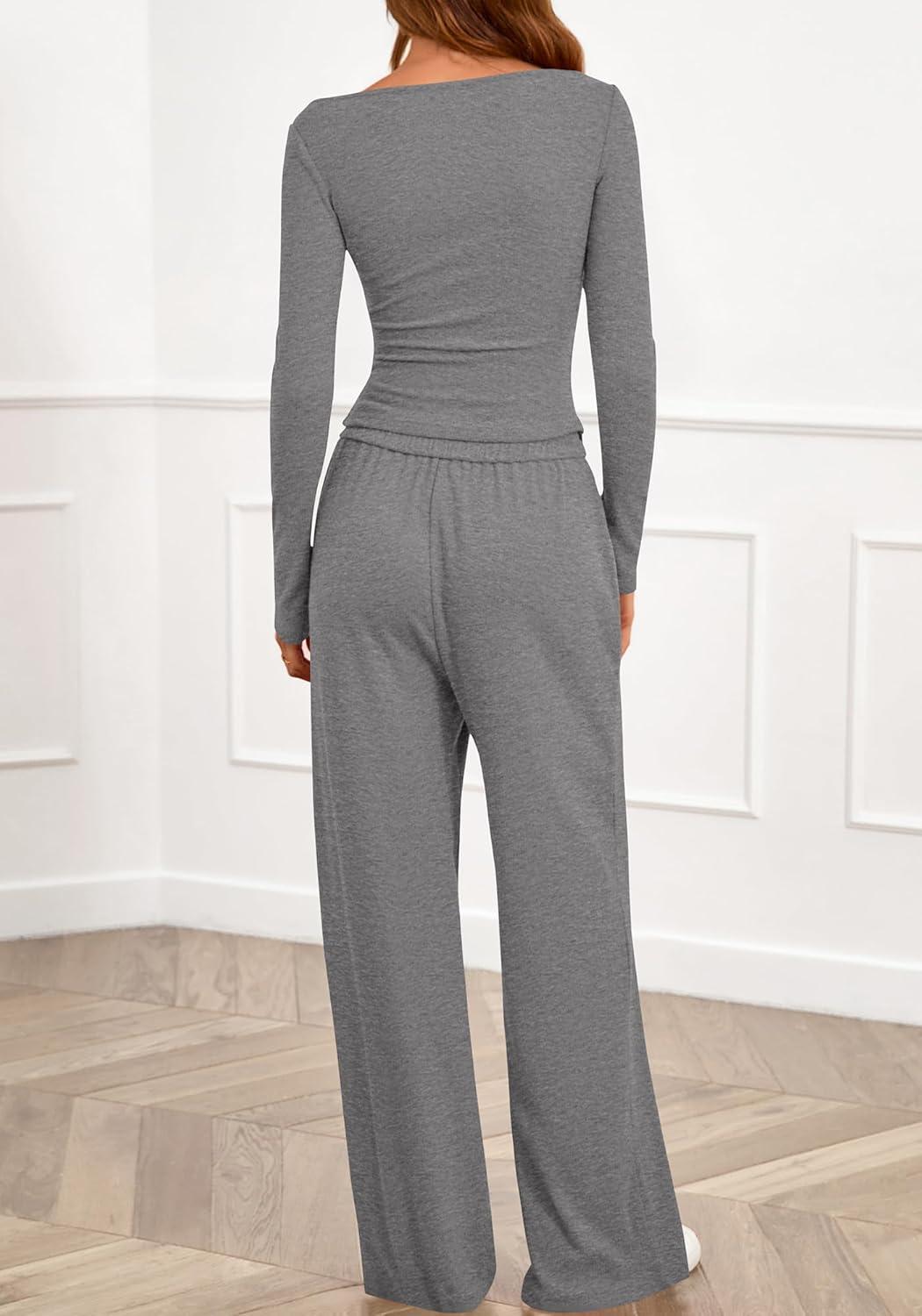 imageBTFBM Two Piece Sets For Women 2025 Asymmetrical Boat Neck Wide Leg Pants Lounge Set Airport Outfits Fall ClothesGrey