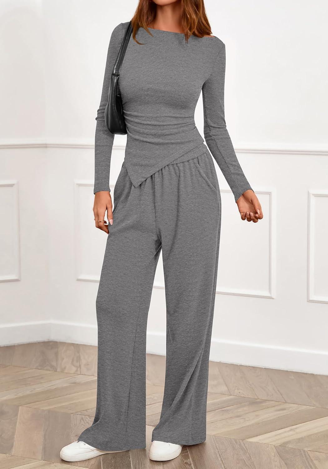 imageBTFBM Two Piece Sets For Women 2025 Asymmetrical Boat Neck Wide Leg Pants Lounge Set Airport Outfits Fall ClothesGrey