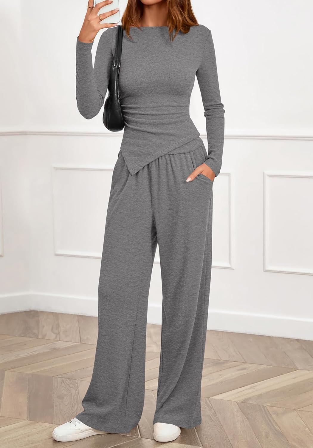 imageBTFBM Two Piece Sets For Women 2025 Asymmetrical Boat Neck Wide Leg Pants Lounge Set Airport Outfits Fall ClothesGrey