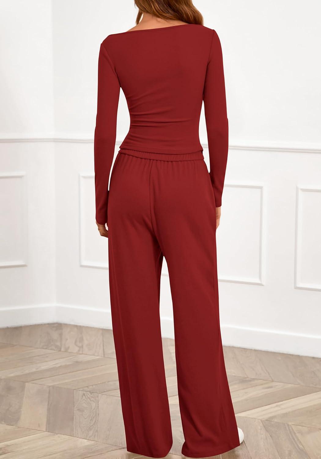 imageBTFBM Two Piece Sets For Women 2025 Asymmetrical Boat Neck Wide Leg Pants Lounge Set Airport Outfits Fall ClothesRed