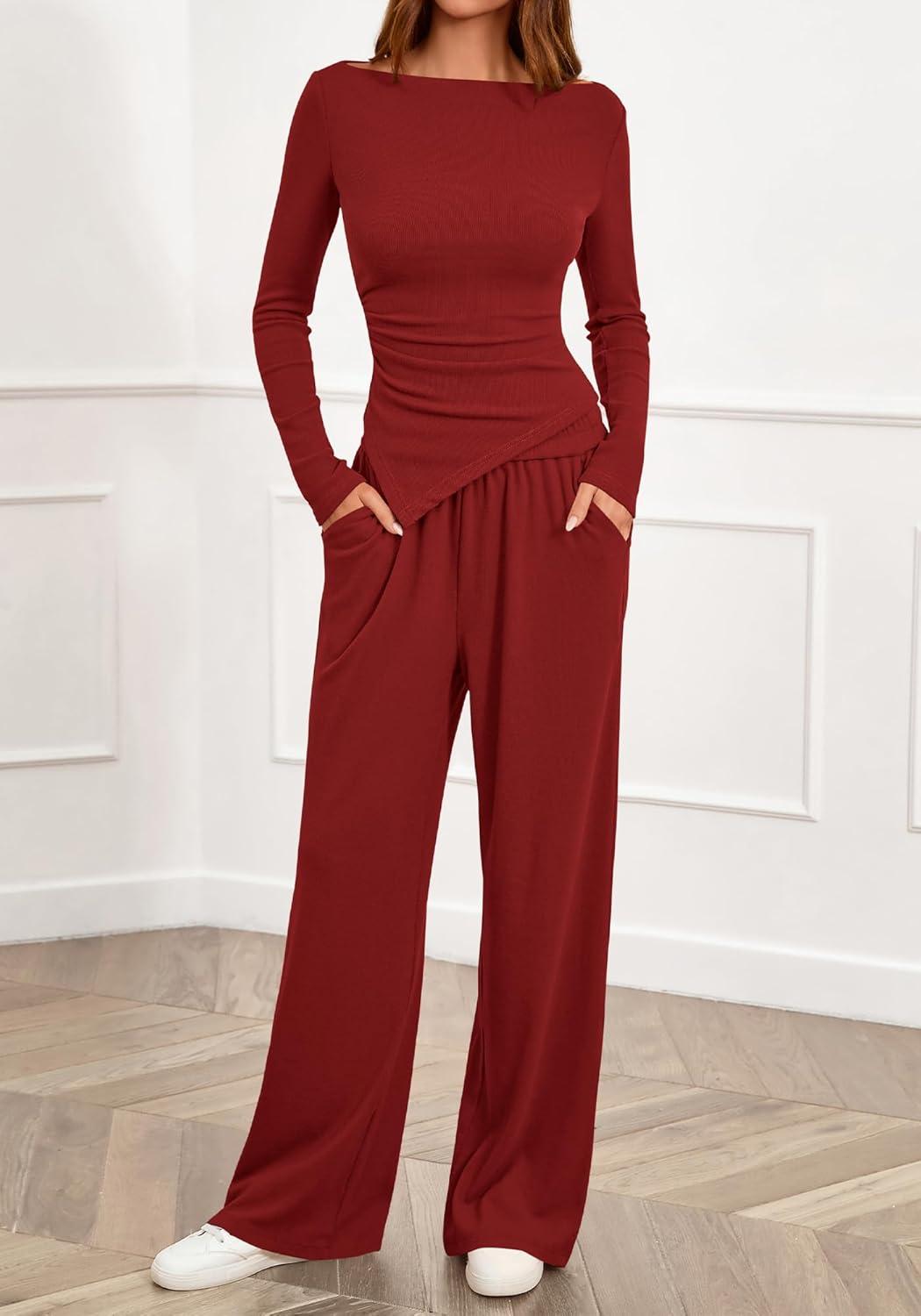 imageBTFBM Two Piece Sets For Women 2025 Asymmetrical Boat Neck Wide Leg Pants Lounge Set Airport Outfits Fall ClothesRed