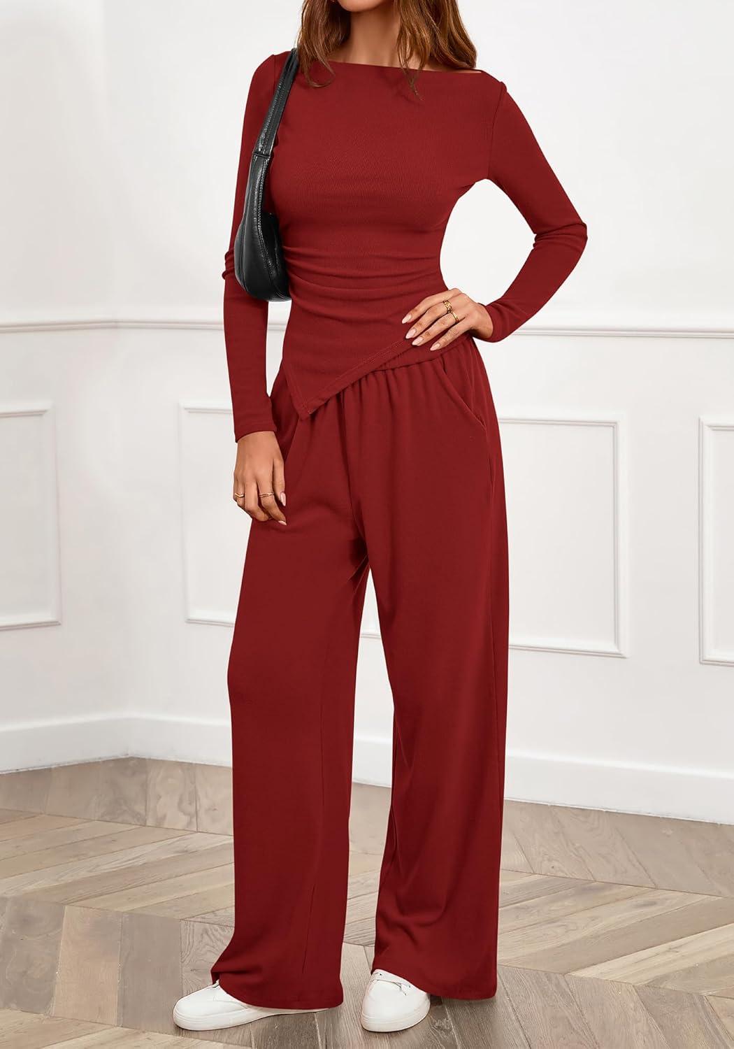 imageBTFBM Two Piece Sets For Women 2025 Asymmetrical Boat Neck Wide Leg Pants Lounge Set Airport Outfits Fall ClothesRed