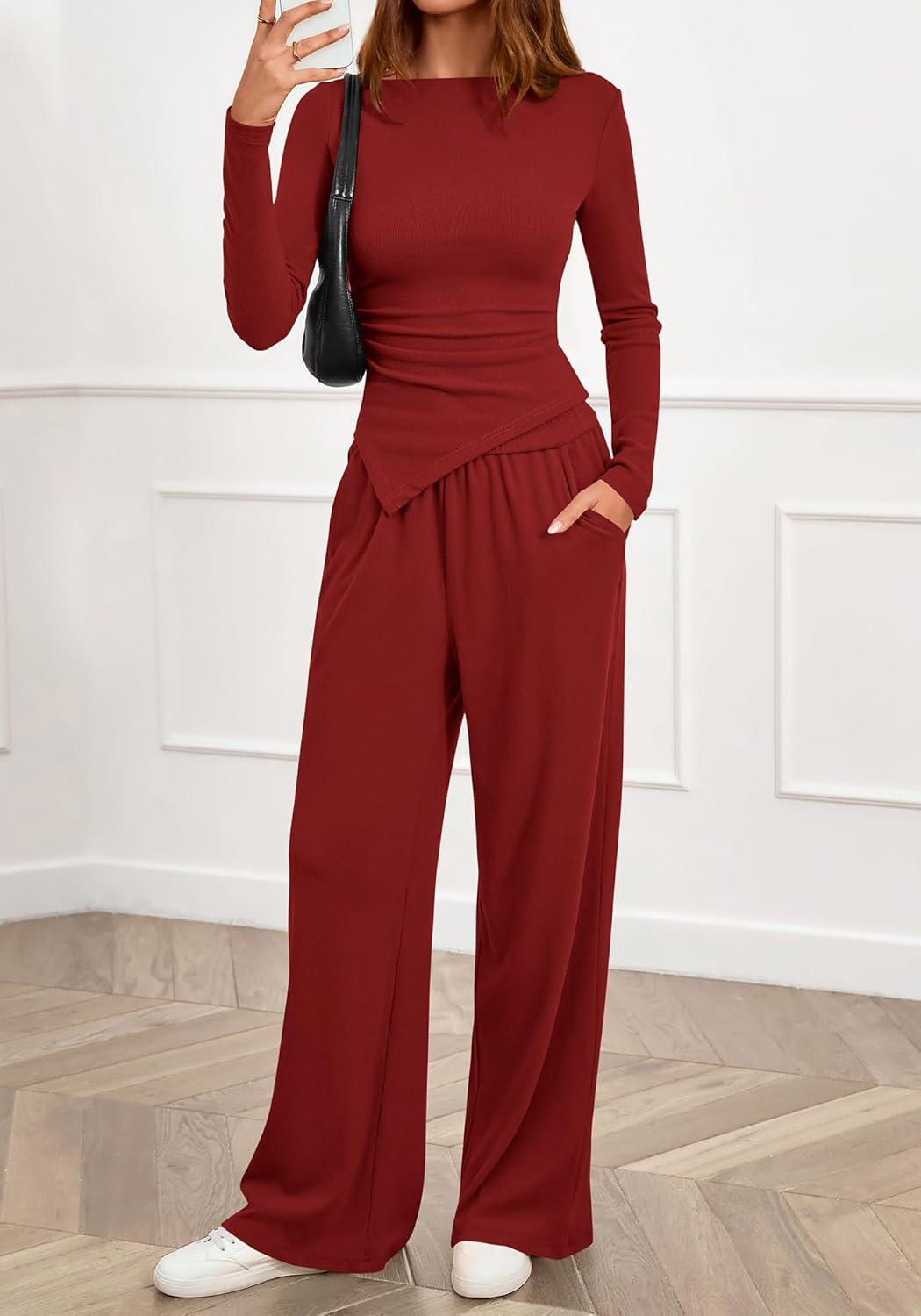 imageBTFBM Two Piece Sets For Women 2025 Asymmetrical Boat Neck Wide Leg Pants Lounge Set Airport Outfits Fall ClothesRed