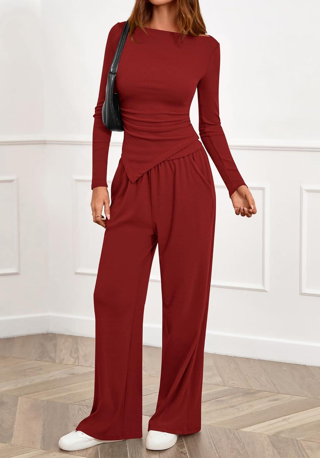 imageBTFBM Two Piece Sets For Women 2025 Asymmetrical Boat Neck Wide Leg Pants Lounge Set Airport Outfits Fall ClothesRed