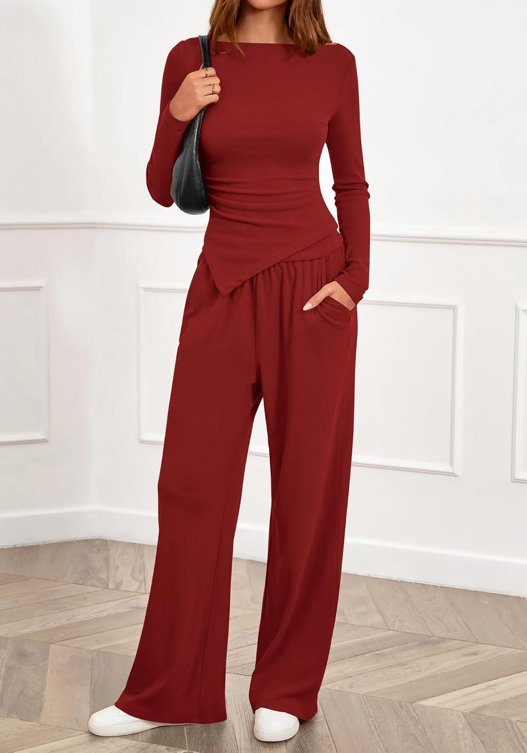 imageBTFBM Two Piece Sets For Women 2025 Asymmetrical Boat Neck Wide Leg Pants Lounge Set Airport Outfits Fall ClothesRed
