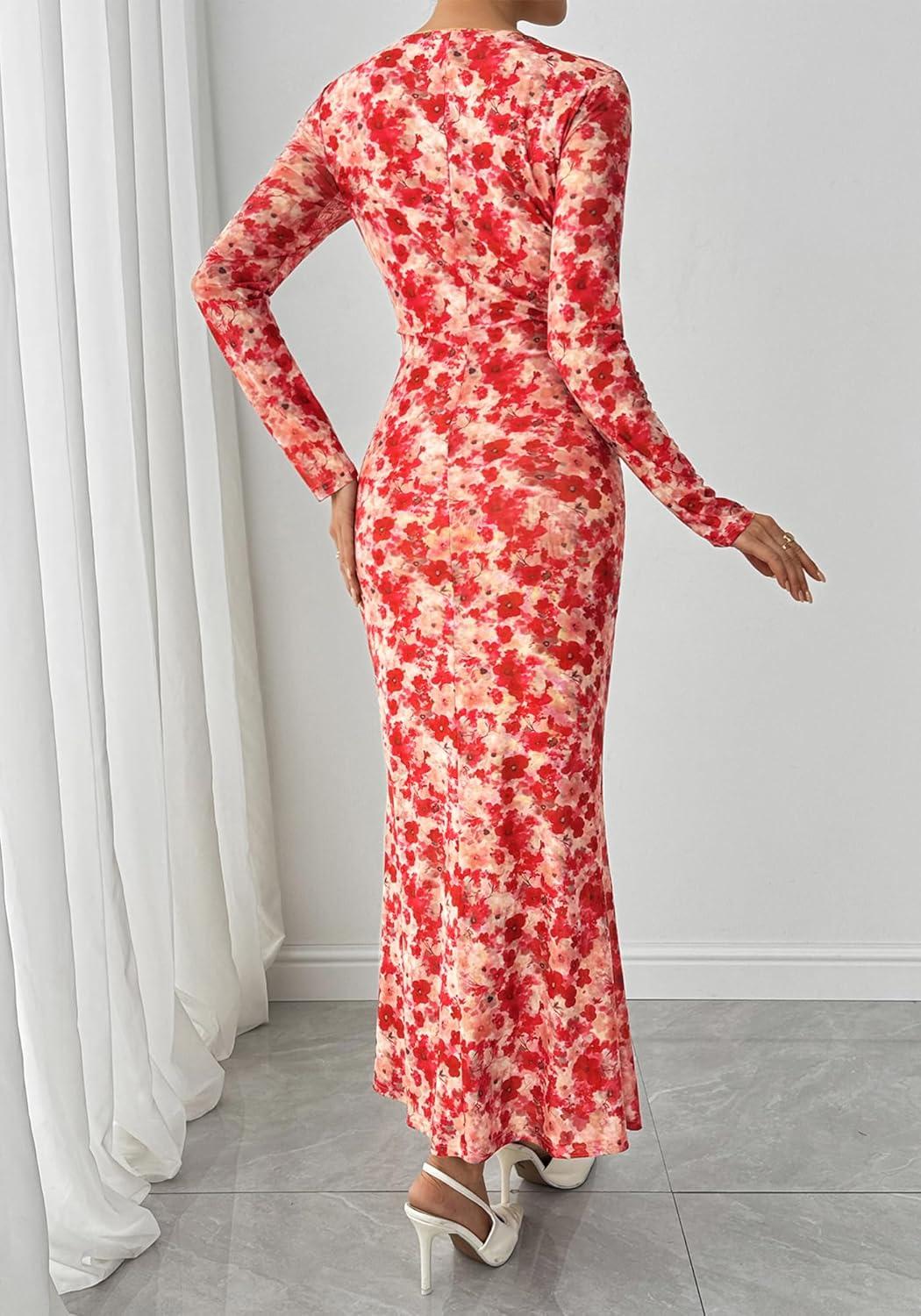 imageBTFBM Wedding Guest Dresses for Women Fall Fashion 2025 Bodycon Long Sleeve Boho Mesh Party Cocktail Floral Maxi DressApricot Red Flower