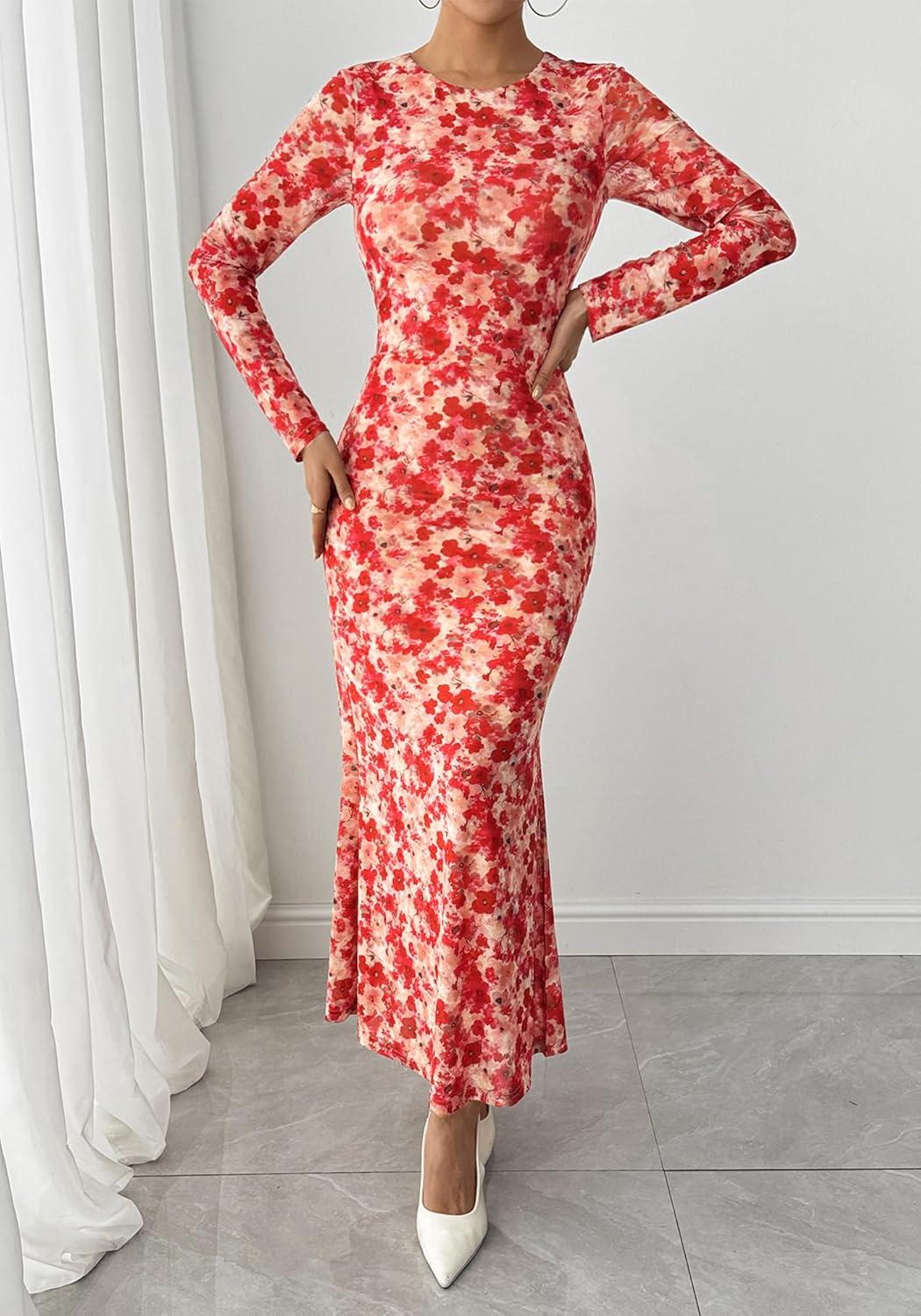 imageBTFBM Wedding Guest Dresses for Women Fall Fashion 2025 Bodycon Long Sleeve Boho Mesh Party Cocktail Floral Maxi DressApricot Red Flower