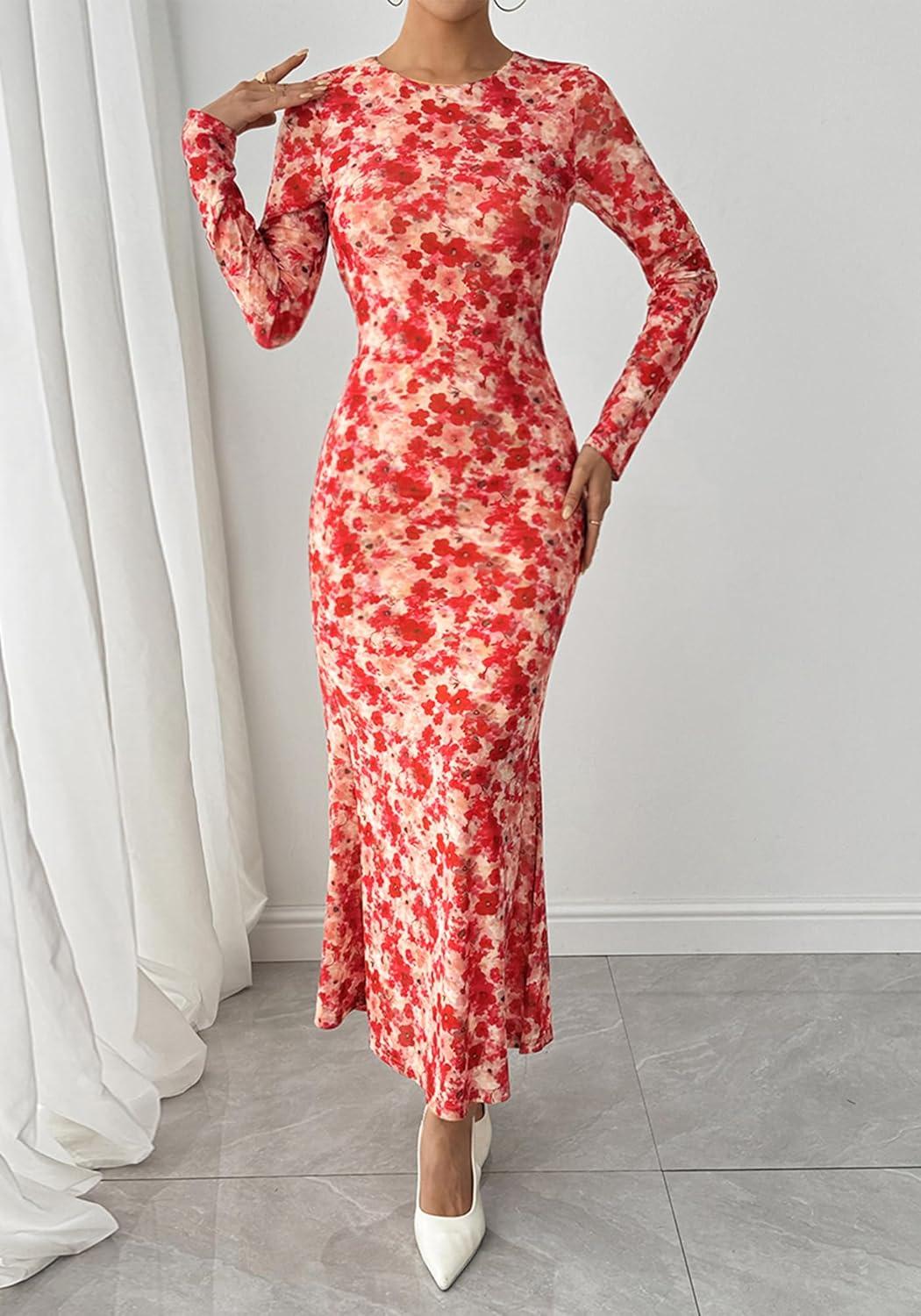 imageBTFBM Wedding Guest Dresses for Women Fall Fashion 2025 Bodycon Long Sleeve Boho Mesh Party Cocktail Floral Maxi DressApricot Red Flower