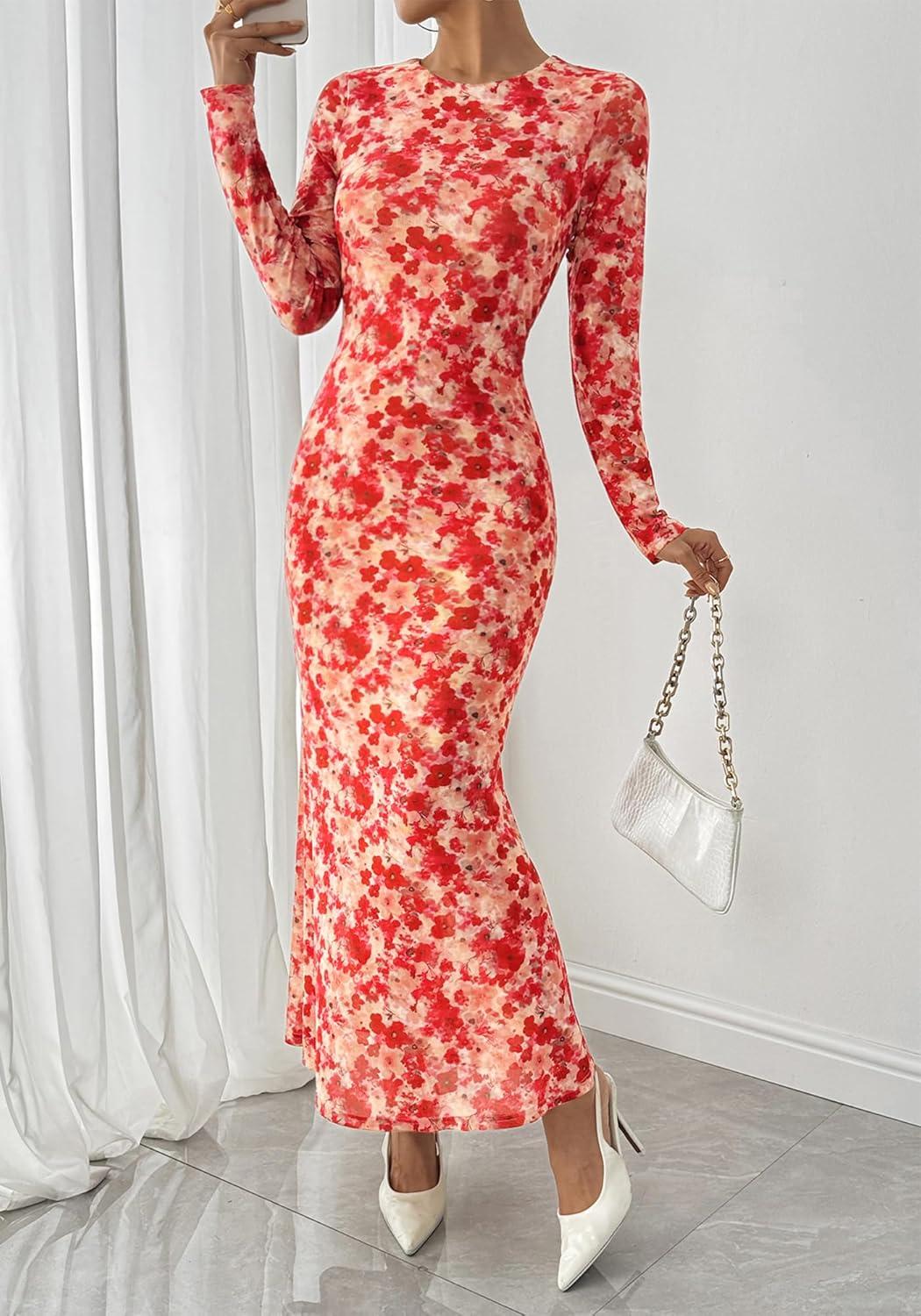 imageBTFBM Wedding Guest Dresses for Women Fall Fashion 2025 Bodycon Long Sleeve Boho Mesh Party Cocktail Floral Maxi DressApricot Red Flower