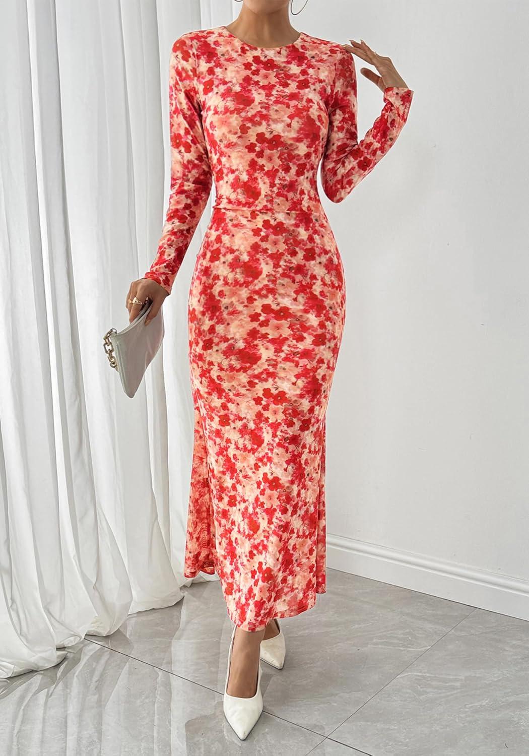 imageBTFBM Wedding Guest Dresses for Women Fall Fashion 2025 Bodycon Long Sleeve Boho Mesh Party Cocktail Floral Maxi DressApricot Red Flower
