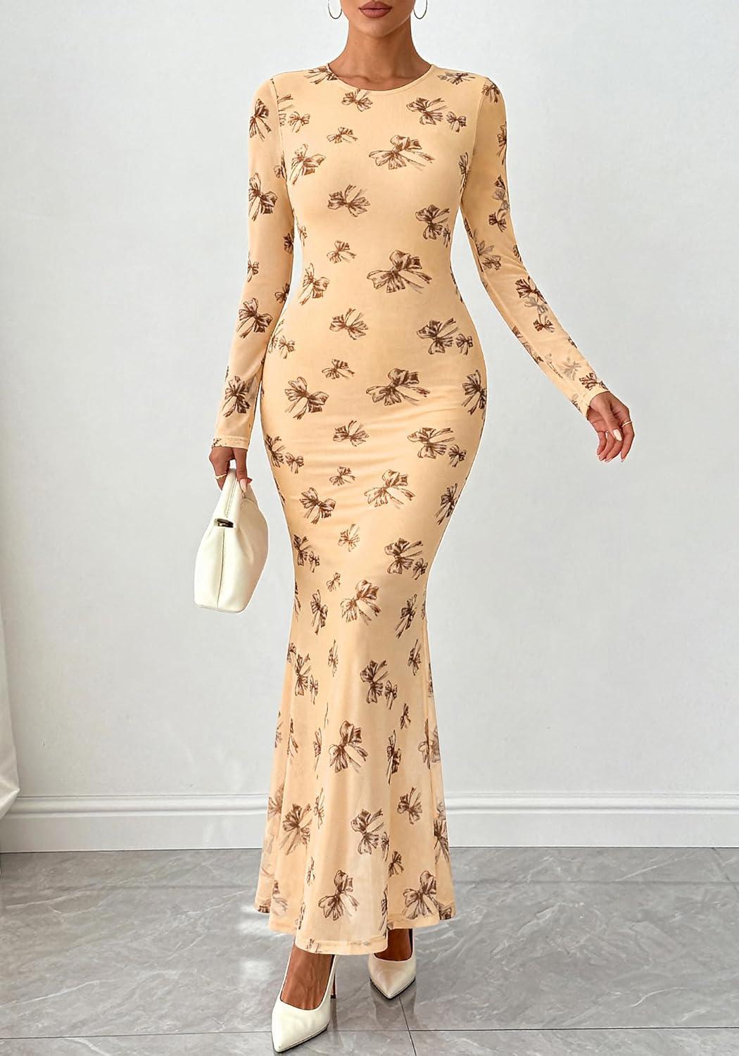 imageBTFBM Wedding Guest Dresses for Women Fall Fashion 2025 Bodycon Long Sleeve Boho Mesh Party Cocktail Floral Maxi DressBeige