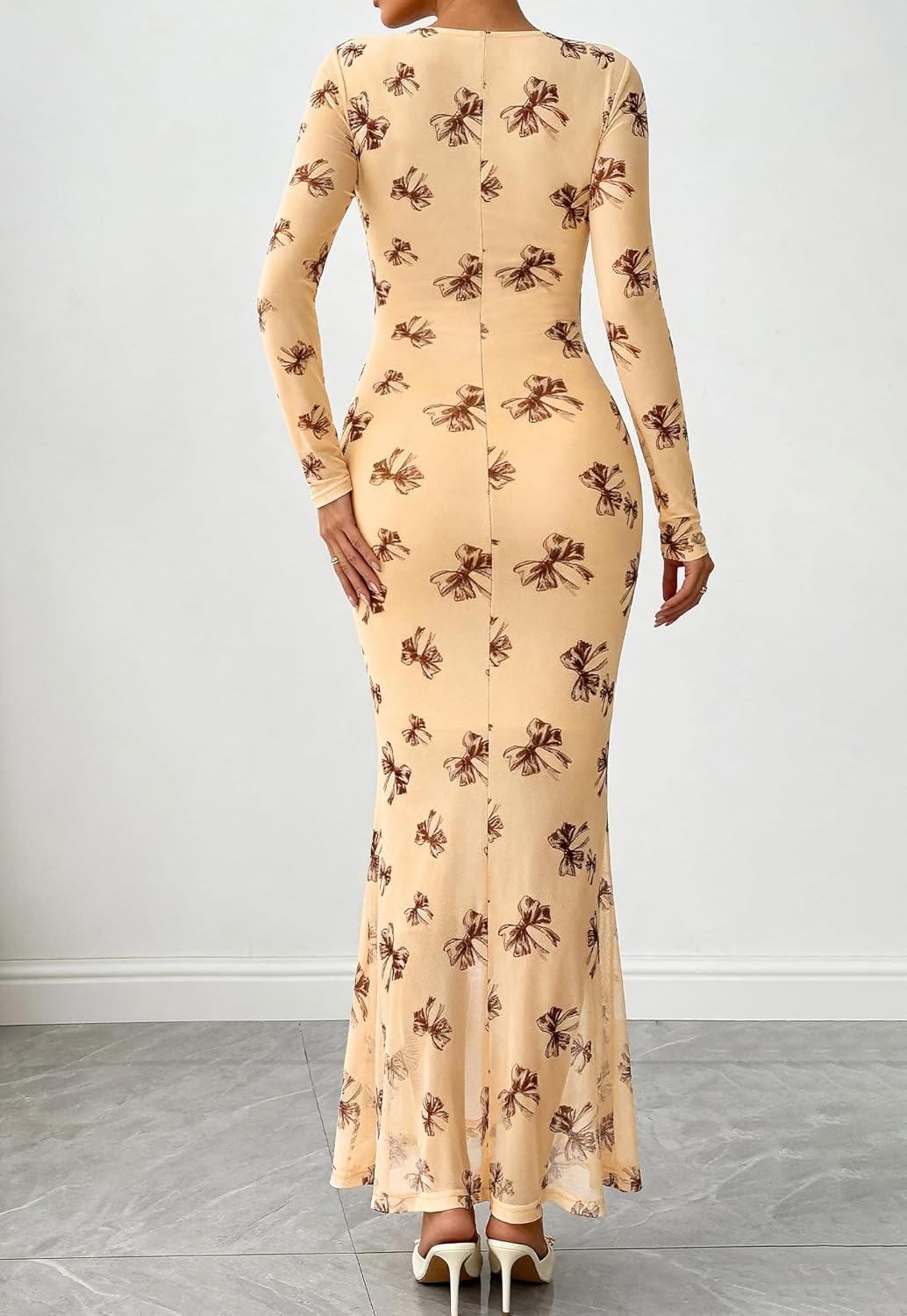 imageBTFBM Wedding Guest Dresses for Women Fall Fashion 2025 Bodycon Long Sleeve Boho Mesh Party Cocktail Floral Maxi DressBeige