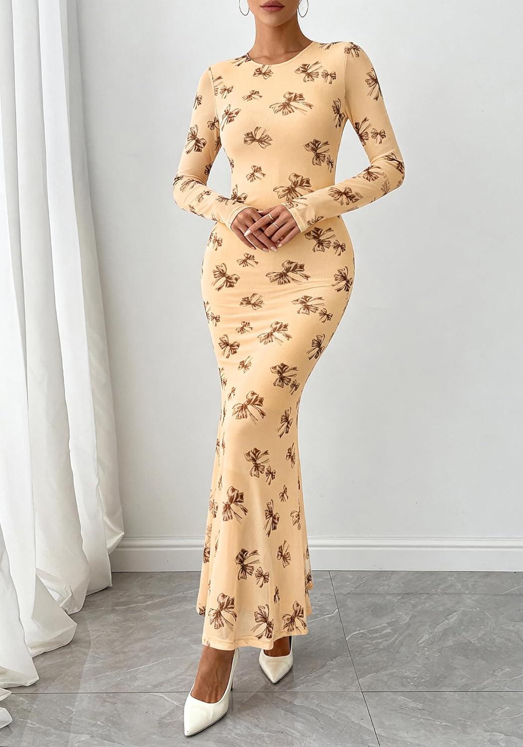 imageBTFBM Wedding Guest Dresses for Women Fall Fashion 2025 Bodycon Long Sleeve Boho Mesh Party Cocktail Floral Maxi DressBeige