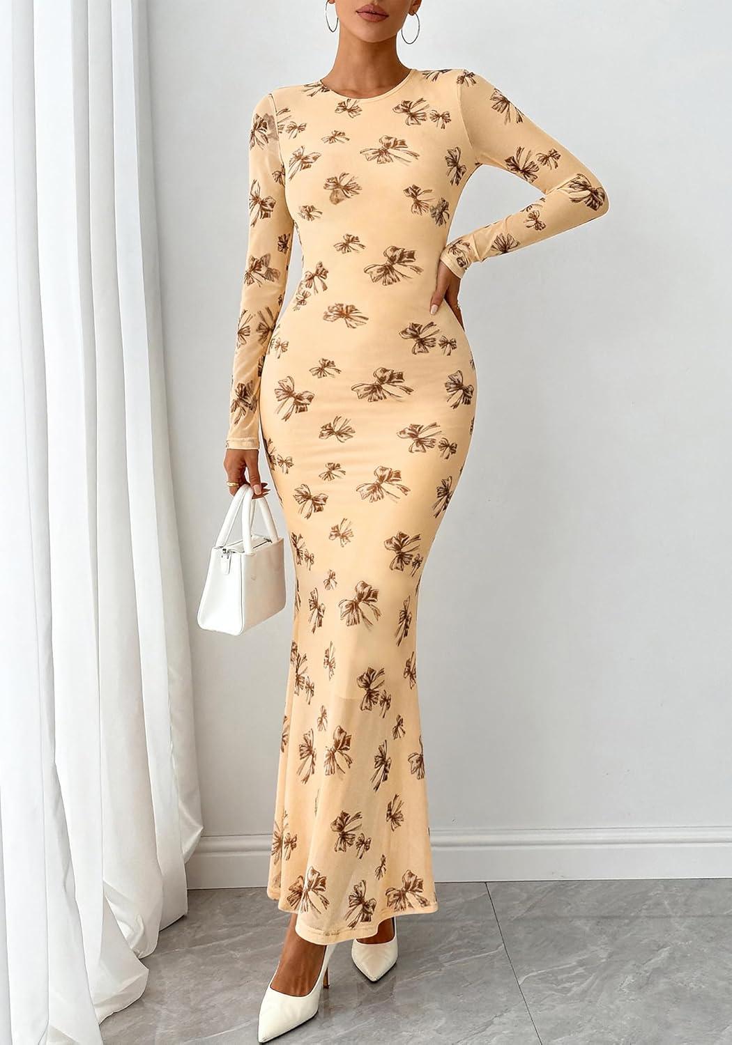 imageBTFBM Wedding Guest Dresses for Women Fall Fashion 2025 Bodycon Long Sleeve Boho Mesh Party Cocktail Floral Maxi DressBeige