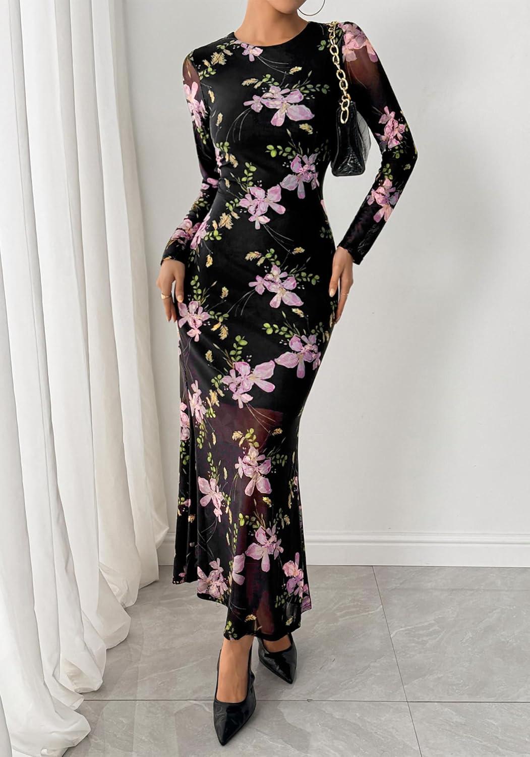 imageBTFBM Wedding Guest Dresses for Women Fall Fashion 2025 Bodycon Long Sleeve Boho Mesh Party Cocktail Floral Maxi DressBlack Pink