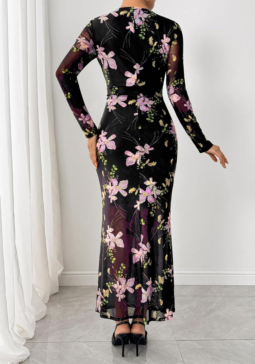 imageBTFBM Wedding Guest Dresses for Women Fall Fashion 2025 Bodycon Long Sleeve Boho Mesh Party Cocktail Floral Maxi DressBlack Pink