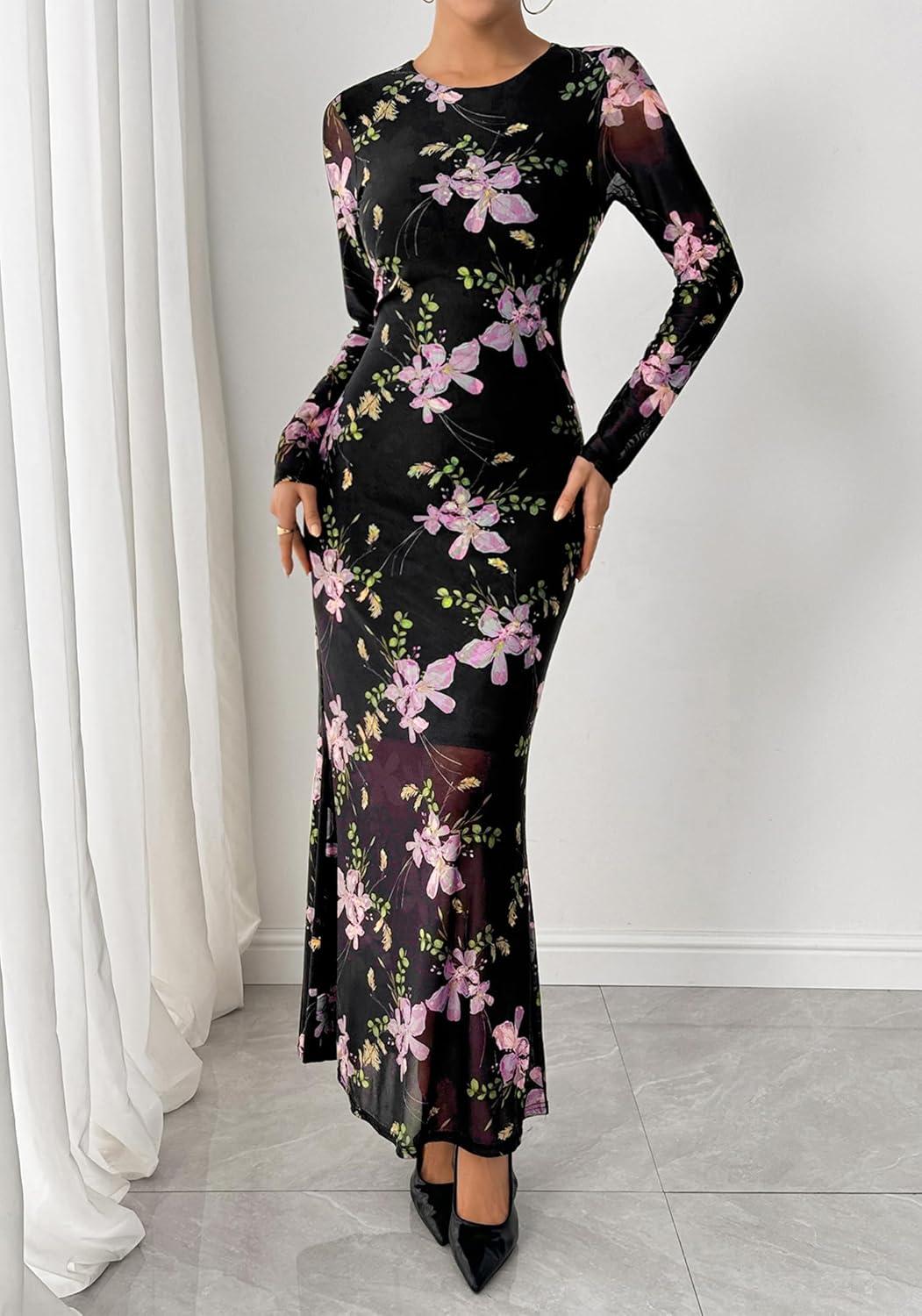 imageBTFBM Wedding Guest Dresses for Women Fall Fashion 2025 Bodycon Long Sleeve Boho Mesh Party Cocktail Floral Maxi DressBlack Pink
