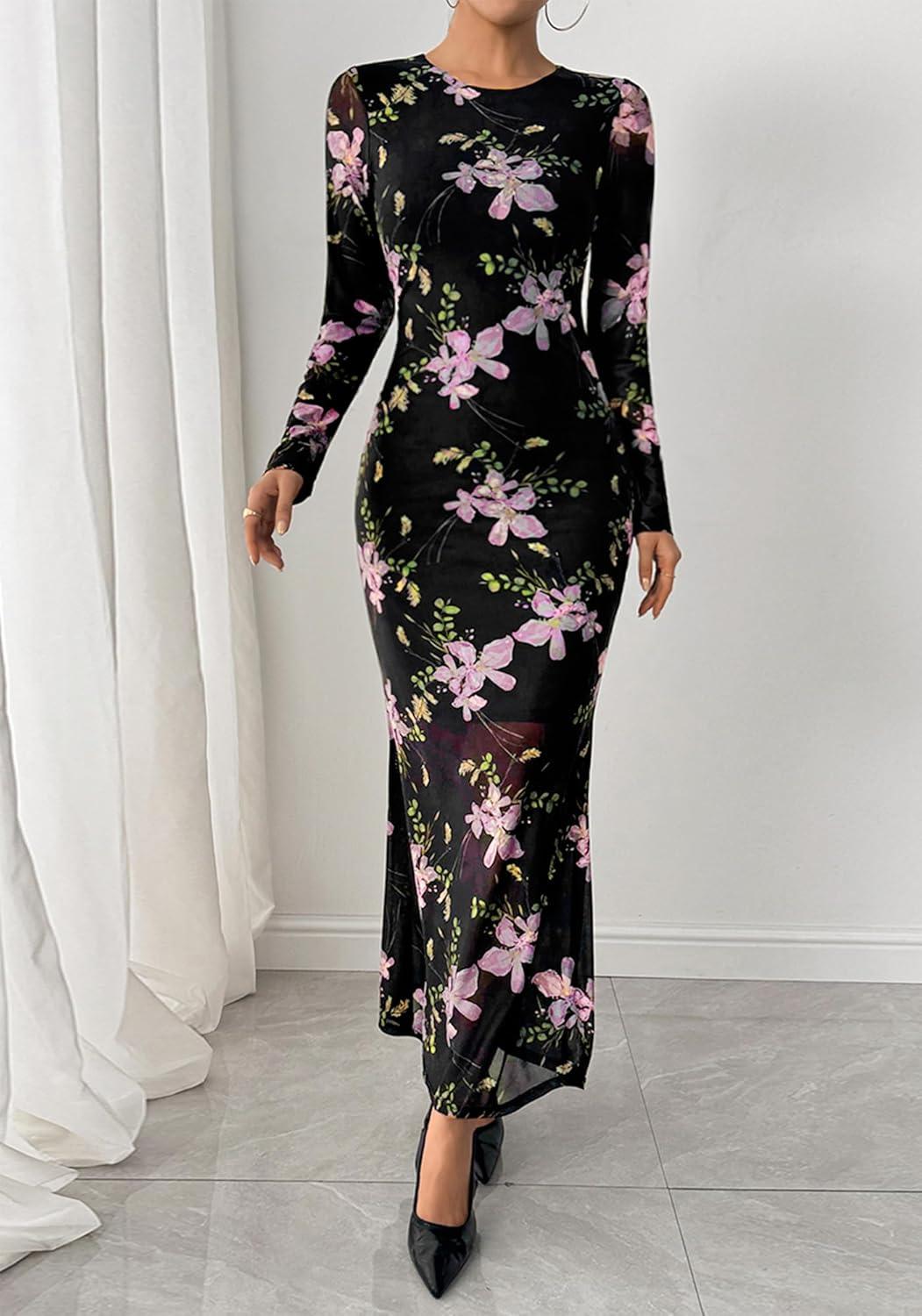 imageBTFBM Wedding Guest Dresses for Women Fall Fashion 2025 Bodycon Long Sleeve Boho Mesh Party Cocktail Floral Maxi DressBlack Pink