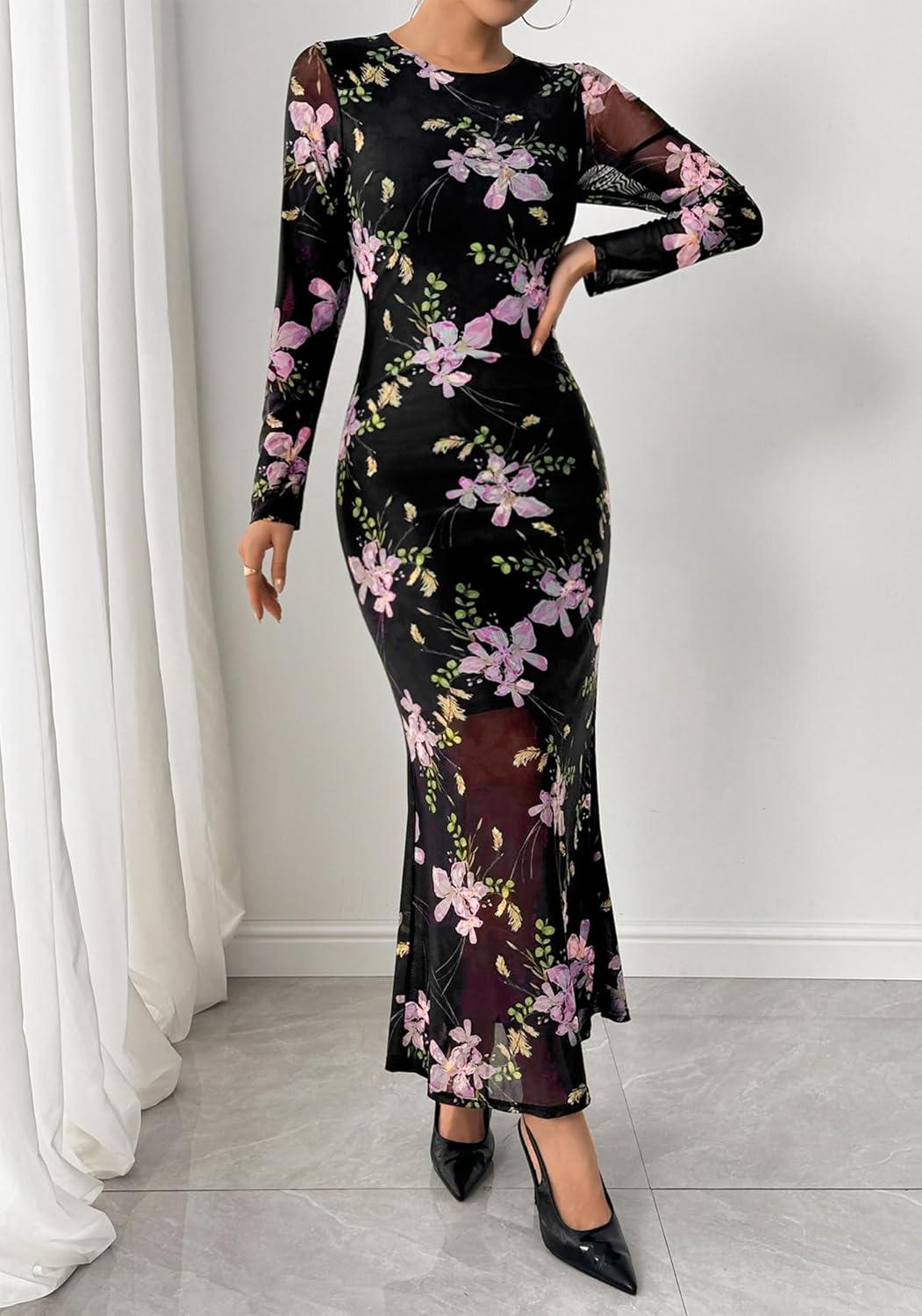 imageBTFBM Wedding Guest Dresses for Women Fall Fashion 2025 Bodycon Long Sleeve Boho Mesh Party Cocktail Floral Maxi DressBlack Pink
