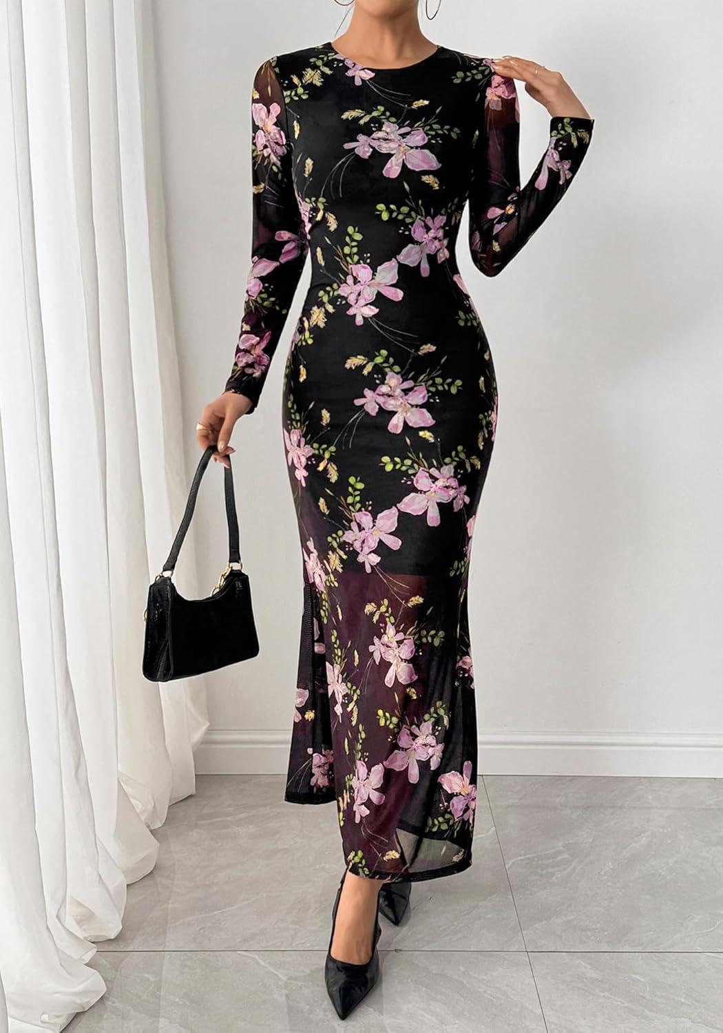 imageBTFBM Wedding Guest Dresses for Women Fall Fashion 2025 Bodycon Long Sleeve Boho Mesh Party Cocktail Floral Maxi DressBlack Pink