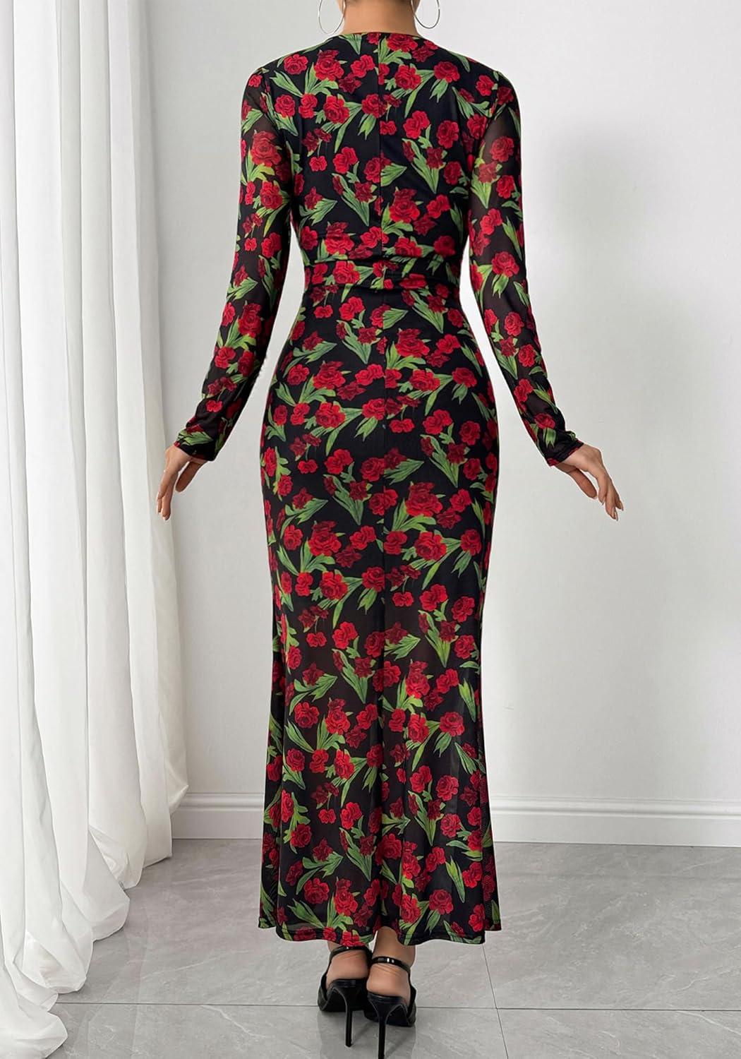 imageBTFBM Wedding Guest Dresses for Women Fall Fashion 2025 Bodycon Long Sleeve Boho Mesh Party Cocktail Floral Maxi DressBlack Red Flower