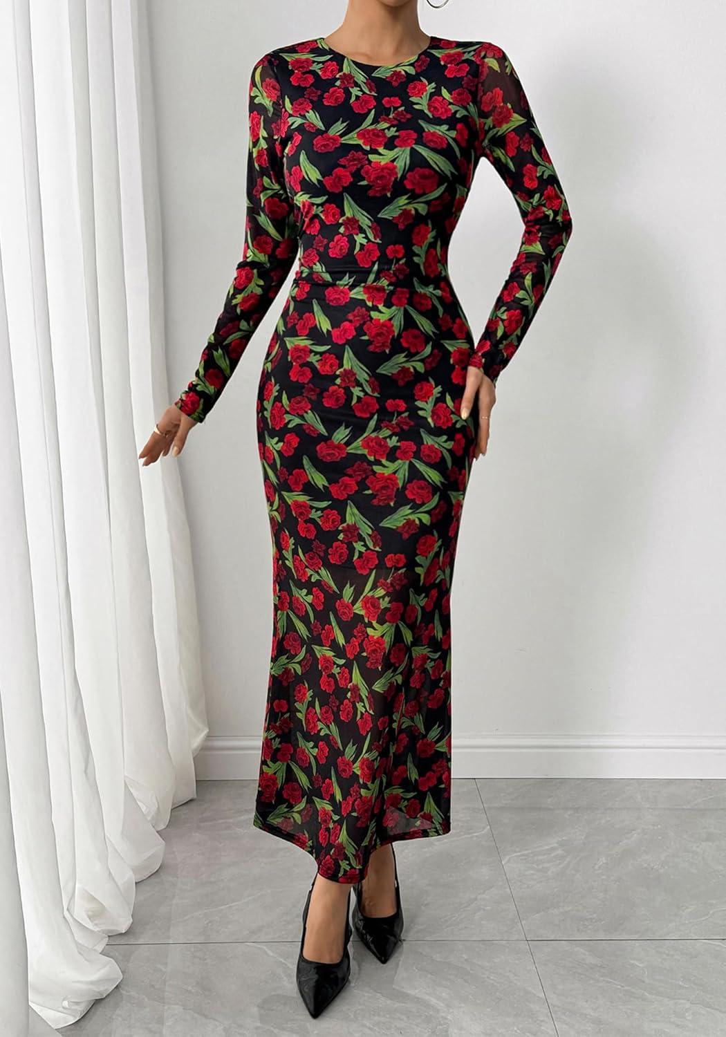 imageBTFBM Wedding Guest Dresses for Women Fall Fashion 2025 Bodycon Long Sleeve Boho Mesh Party Cocktail Floral Maxi DressBlack Red Flower