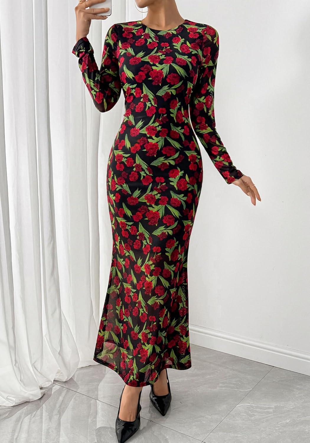 imageBTFBM Wedding Guest Dresses for Women Fall Fashion 2025 Bodycon Long Sleeve Boho Mesh Party Cocktail Floral Maxi DressBlack Red Flower