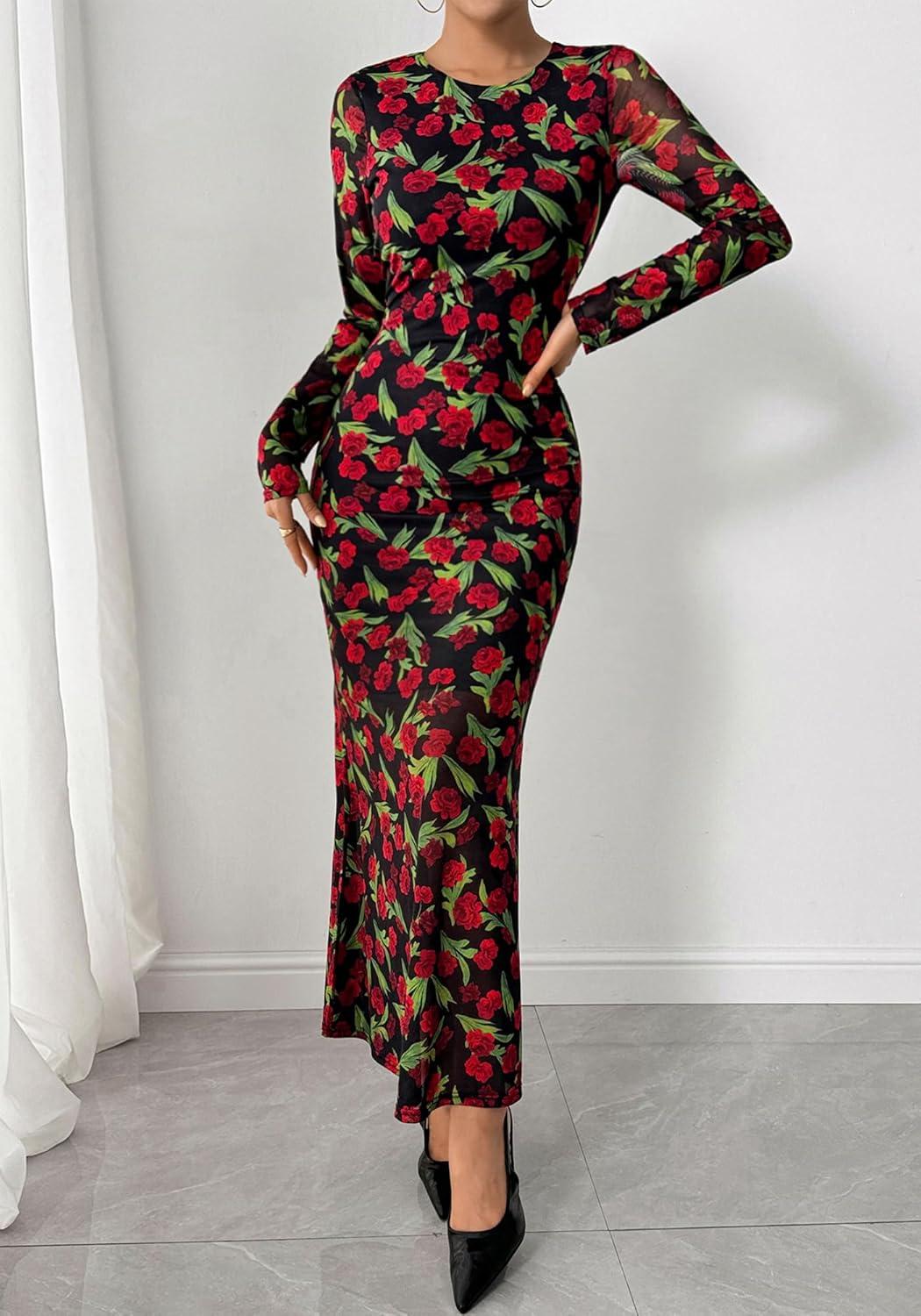 imageBTFBM Wedding Guest Dresses for Women Fall Fashion 2025 Bodycon Long Sleeve Boho Mesh Party Cocktail Floral Maxi DressBlack Red Flower