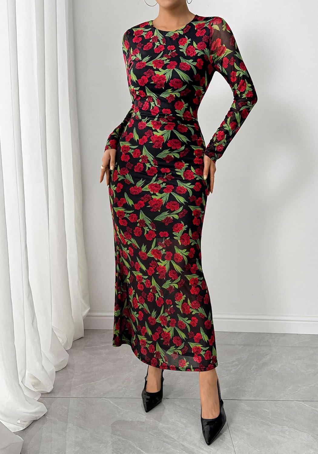 imageBTFBM Wedding Guest Dresses for Women Fall Fashion 2025 Bodycon Long Sleeve Boho Mesh Party Cocktail Floral Maxi DressBlack Red Flower