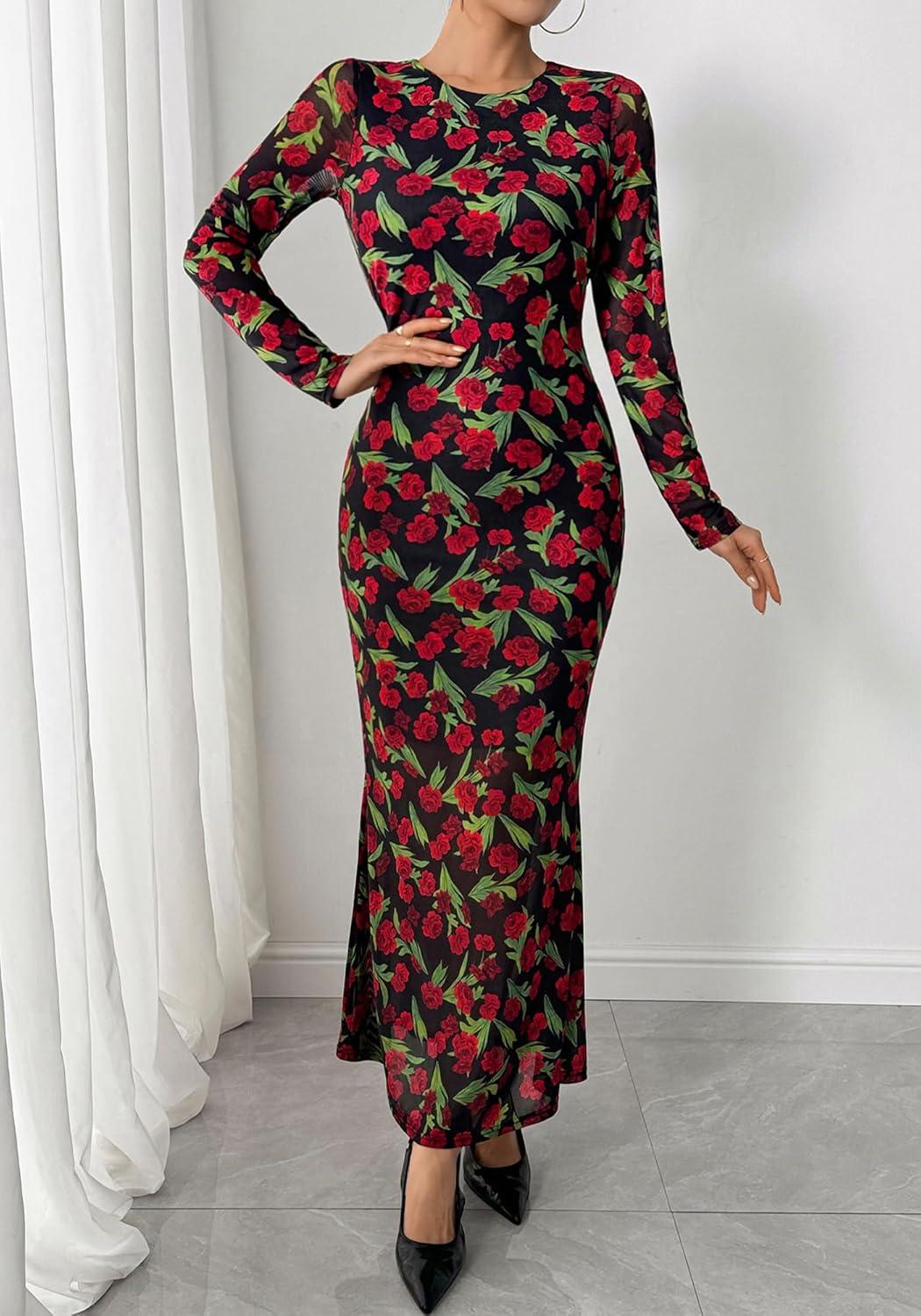 imageBTFBM Wedding Guest Dresses for Women Fall Fashion 2025 Bodycon Long Sleeve Boho Mesh Party Cocktail Floral Maxi DressBlack Red Flower