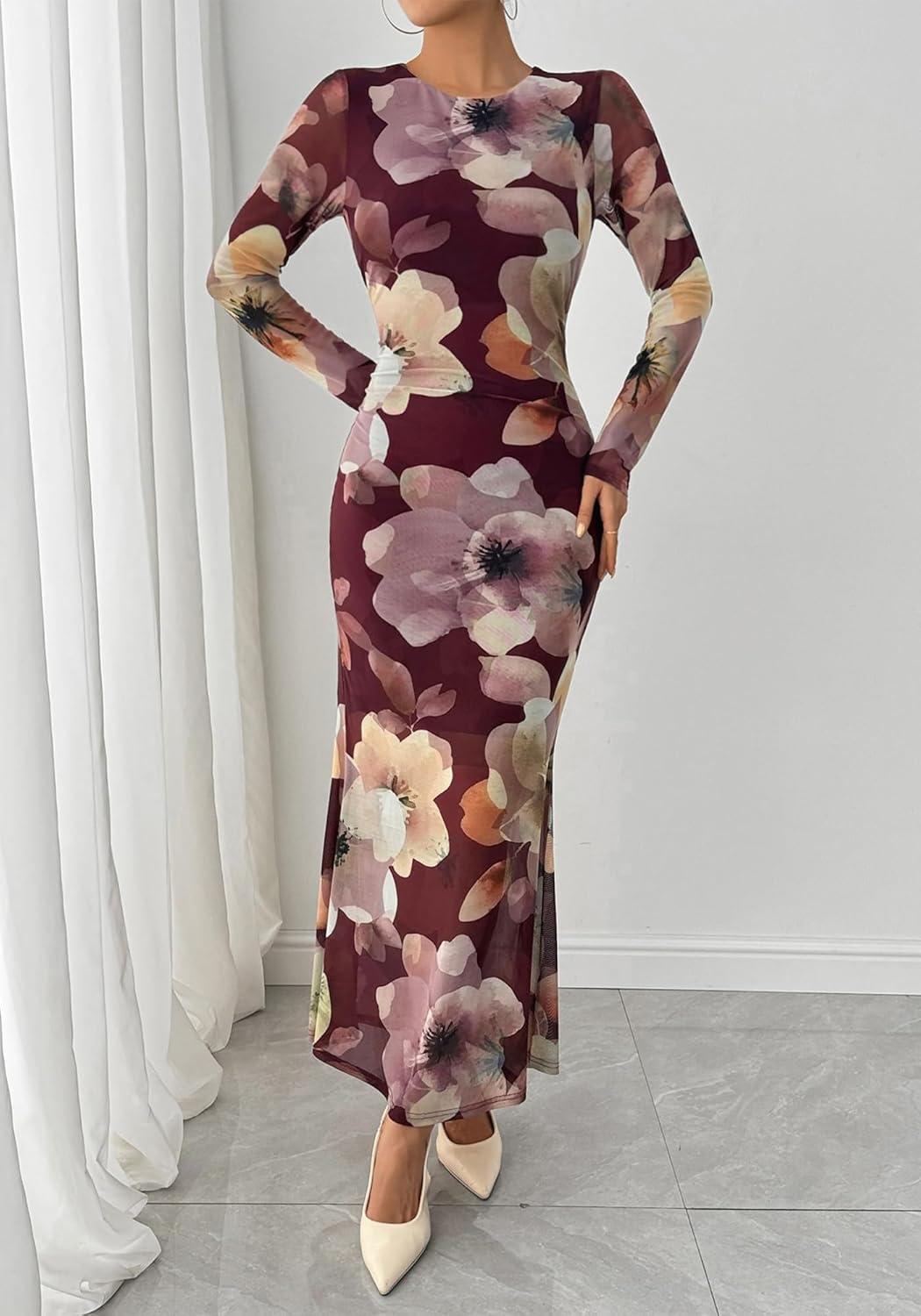 imageBTFBM Wedding Guest Dresses for Women Fall Fashion 2025 Bodycon Long Sleeve Boho Mesh Party Cocktail Floral Maxi DressBurgundy