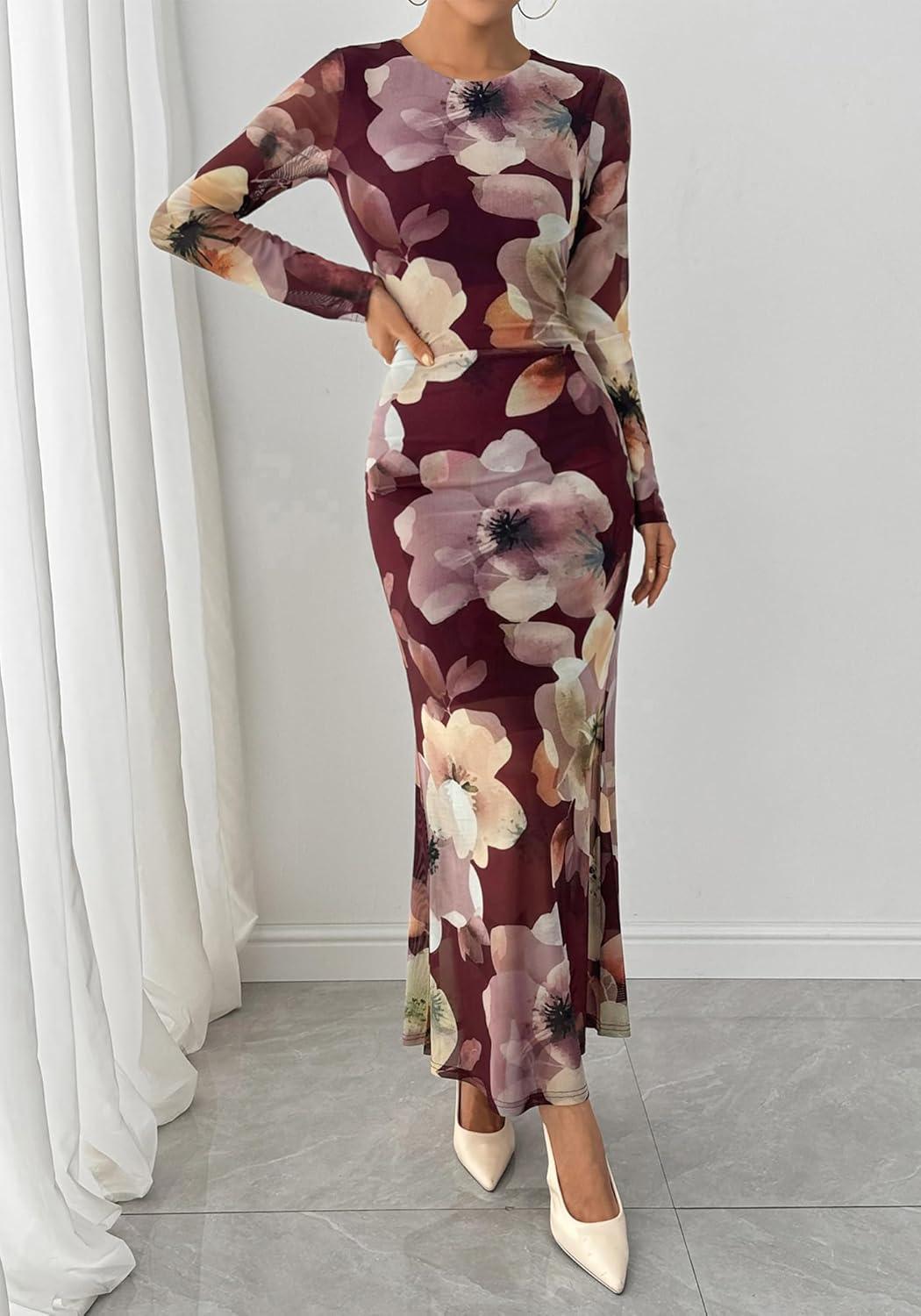 imageBTFBM Wedding Guest Dresses for Women Fall Fashion 2025 Bodycon Long Sleeve Boho Mesh Party Cocktail Floral Maxi DressBurgundy