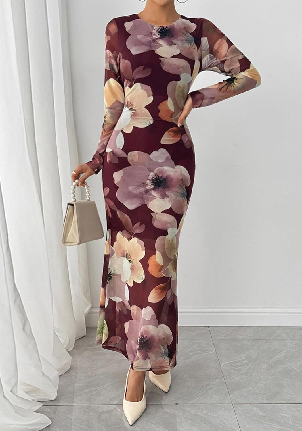 imageBTFBM Wedding Guest Dresses for Women Fall Fashion 2025 Bodycon Long Sleeve Boho Mesh Party Cocktail Floral Maxi DressBurgundy