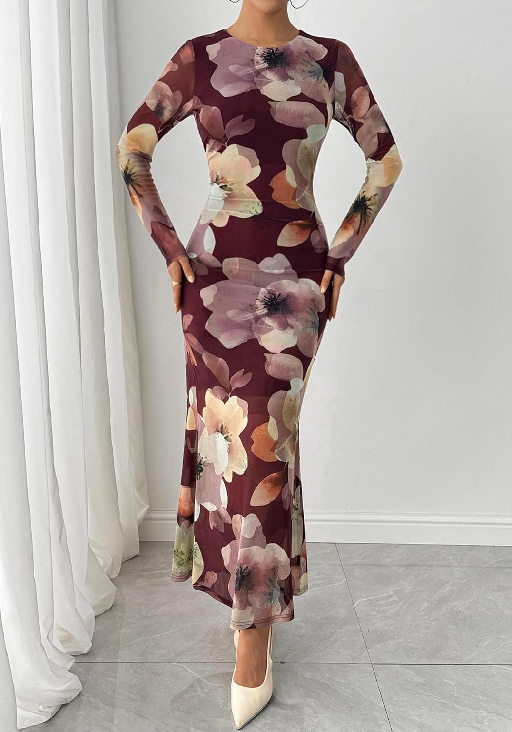 imageBTFBM Wedding Guest Dresses for Women Fall Fashion 2025 Bodycon Long Sleeve Boho Mesh Party Cocktail Floral Maxi DressBurgundy