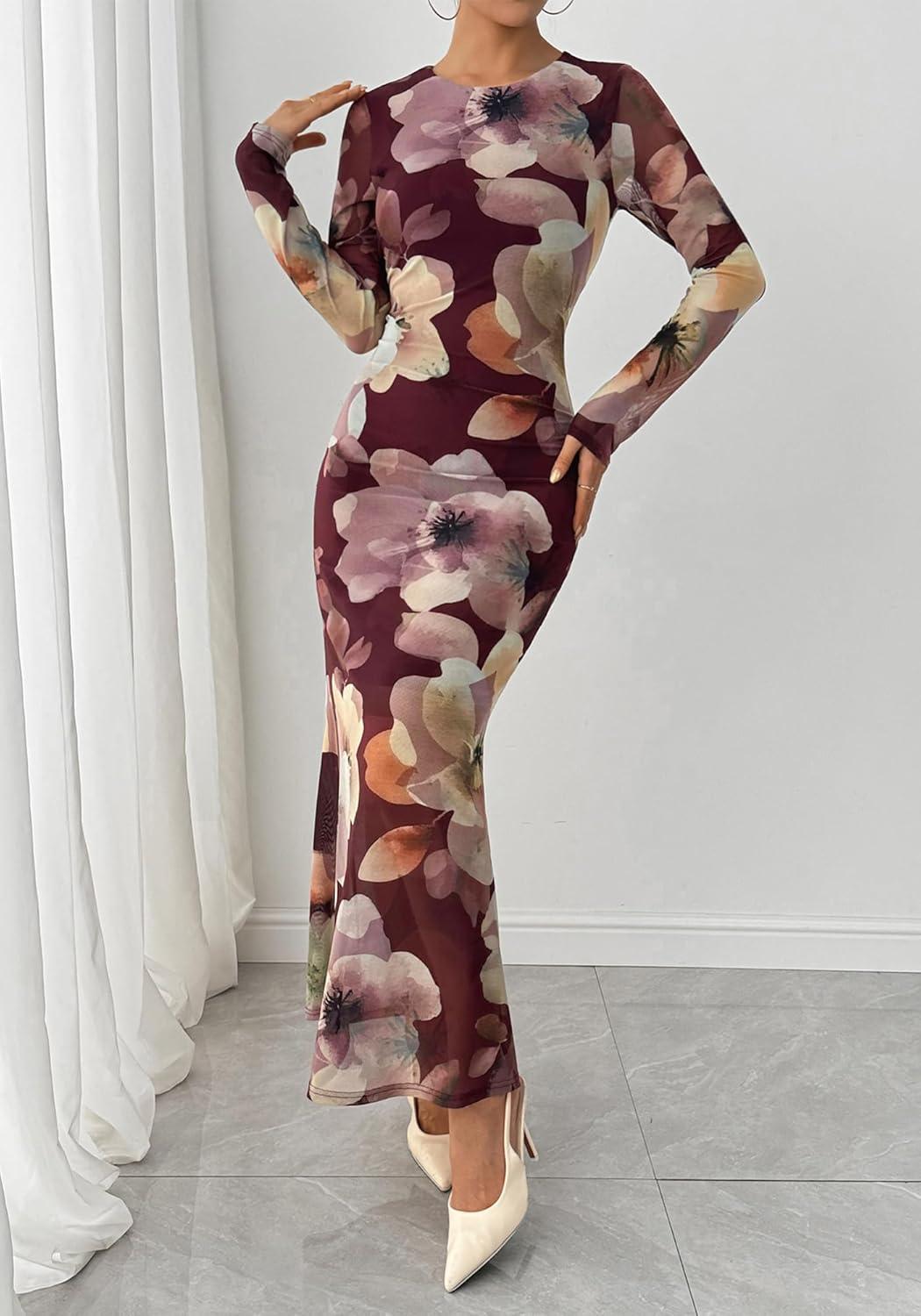 imageBTFBM Wedding Guest Dresses for Women Fall Fashion 2025 Bodycon Long Sleeve Boho Mesh Party Cocktail Floral Maxi DressBurgundy