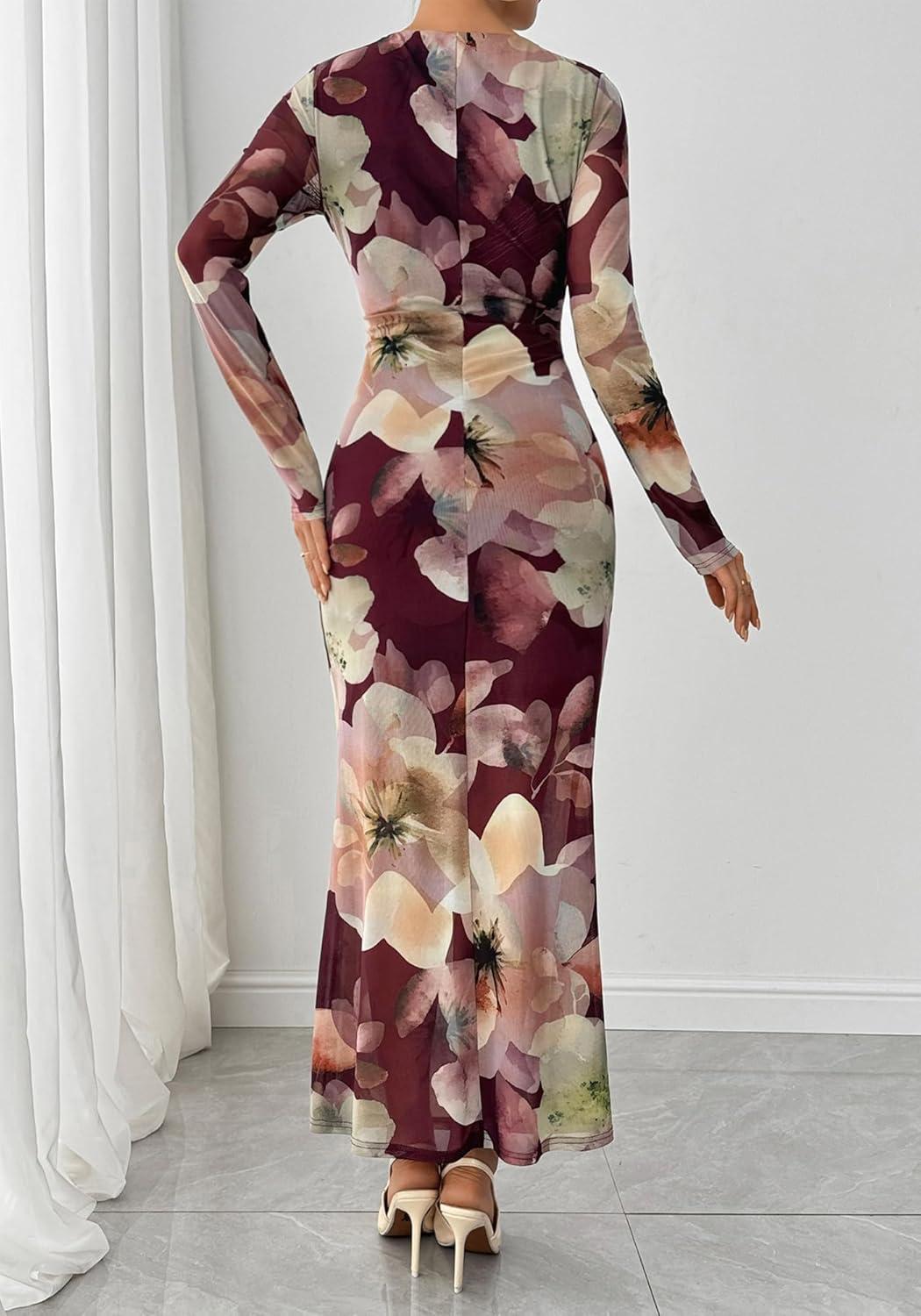 imageBTFBM Wedding Guest Dresses for Women Fall Fashion 2025 Bodycon Long Sleeve Boho Mesh Party Cocktail Floral Maxi DressBurgundy