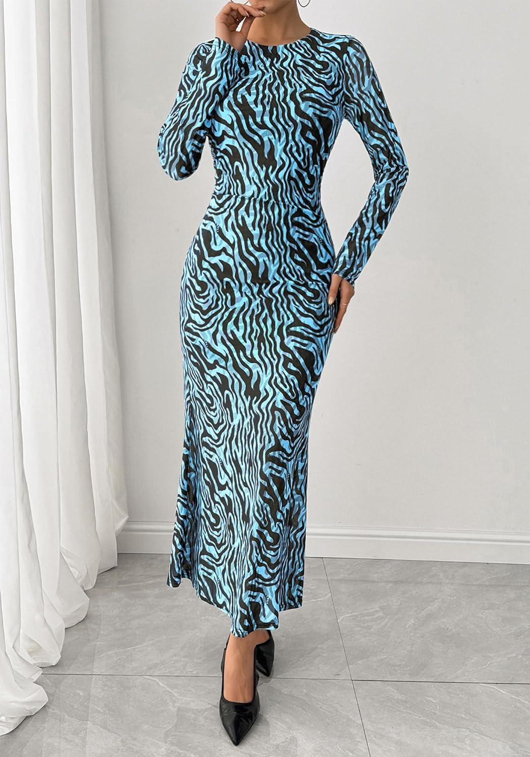 imageBTFBM Wedding Guest Dresses for Women Fall Fashion 2025 Bodycon Long Sleeve Boho Mesh Party Cocktail Floral Maxi DressFloral Blue Black