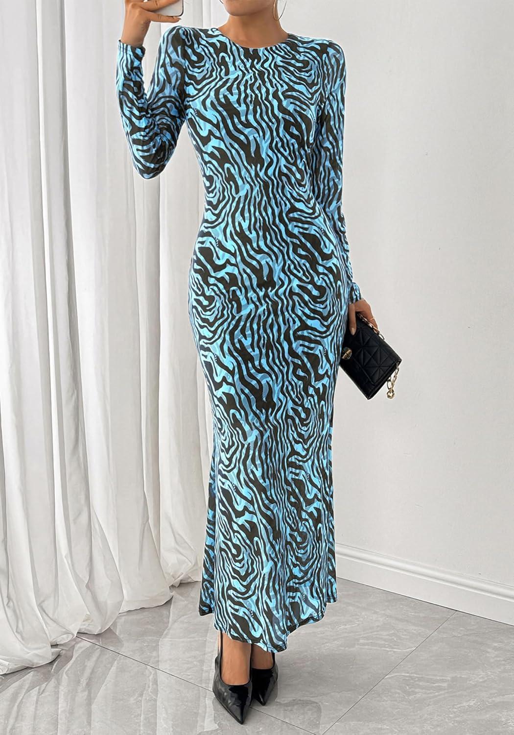 imageBTFBM Wedding Guest Dresses for Women Fall Fashion 2025 Bodycon Long Sleeve Boho Mesh Party Cocktail Floral Maxi DressFloral Blue Black