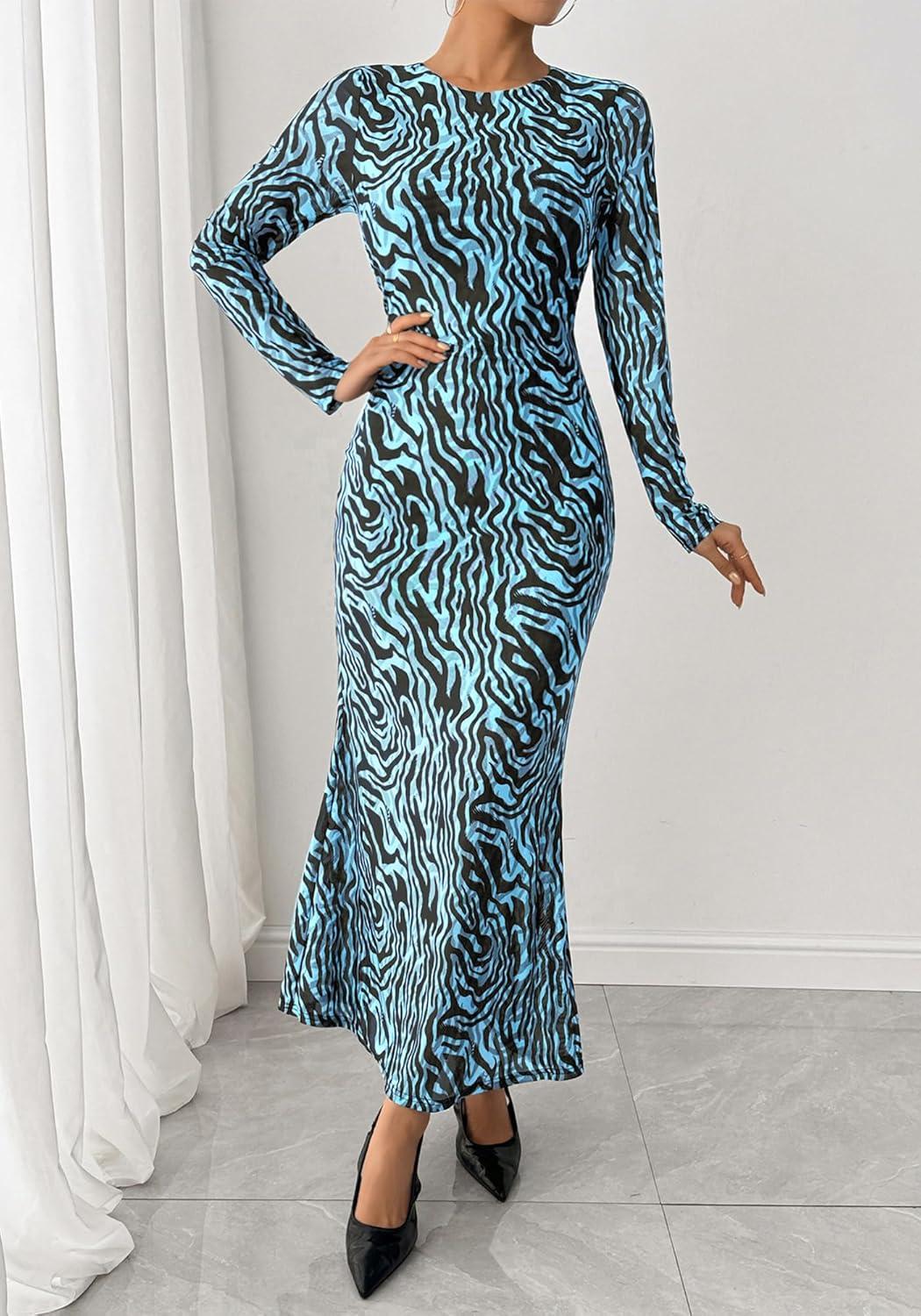 imageBTFBM Wedding Guest Dresses for Women Fall Fashion 2025 Bodycon Long Sleeve Boho Mesh Party Cocktail Floral Maxi DressFloral Blue Black