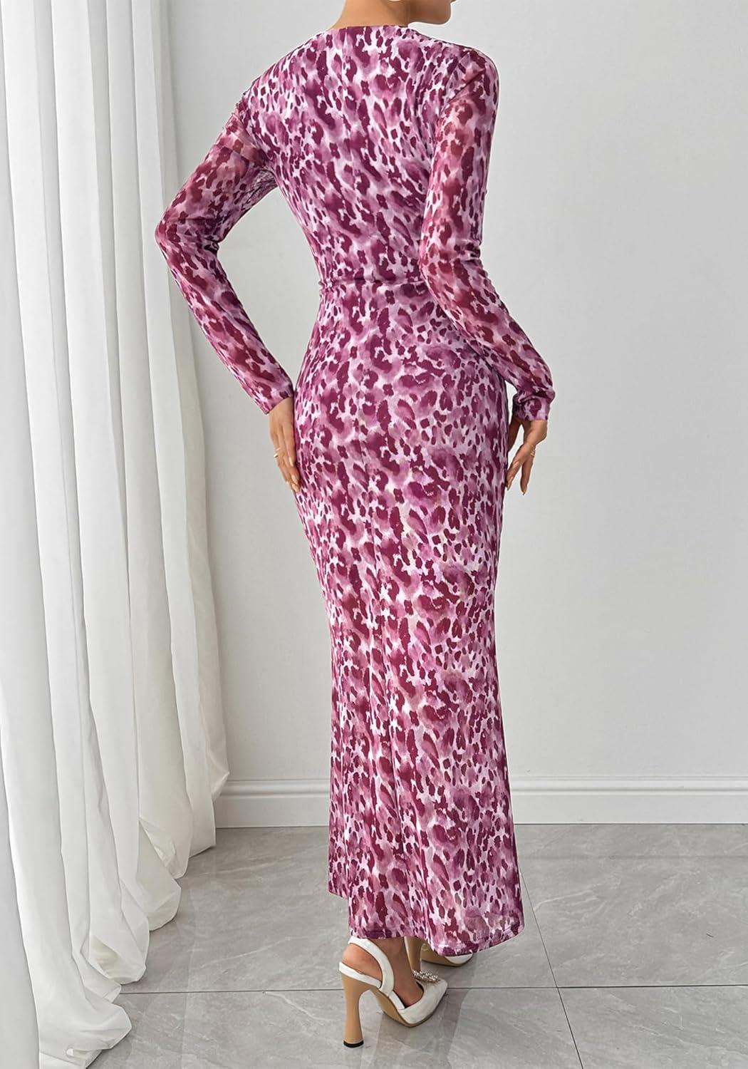 imageBTFBM Wedding Guest Dresses for Women Fall Fashion 2025 Bodycon Long Sleeve Boho Mesh Party Cocktail Floral Maxi DressLeopard