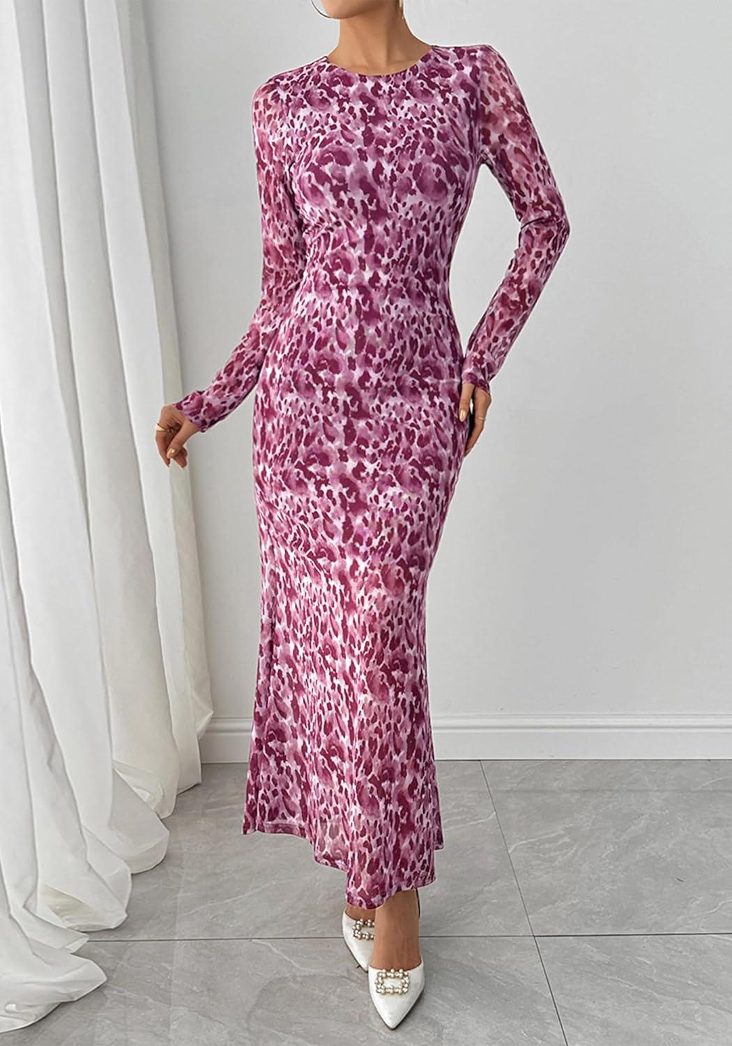 imageBTFBM Wedding Guest Dresses for Women Fall Fashion 2025 Bodycon Long Sleeve Boho Mesh Party Cocktail Floral Maxi DressLeopard