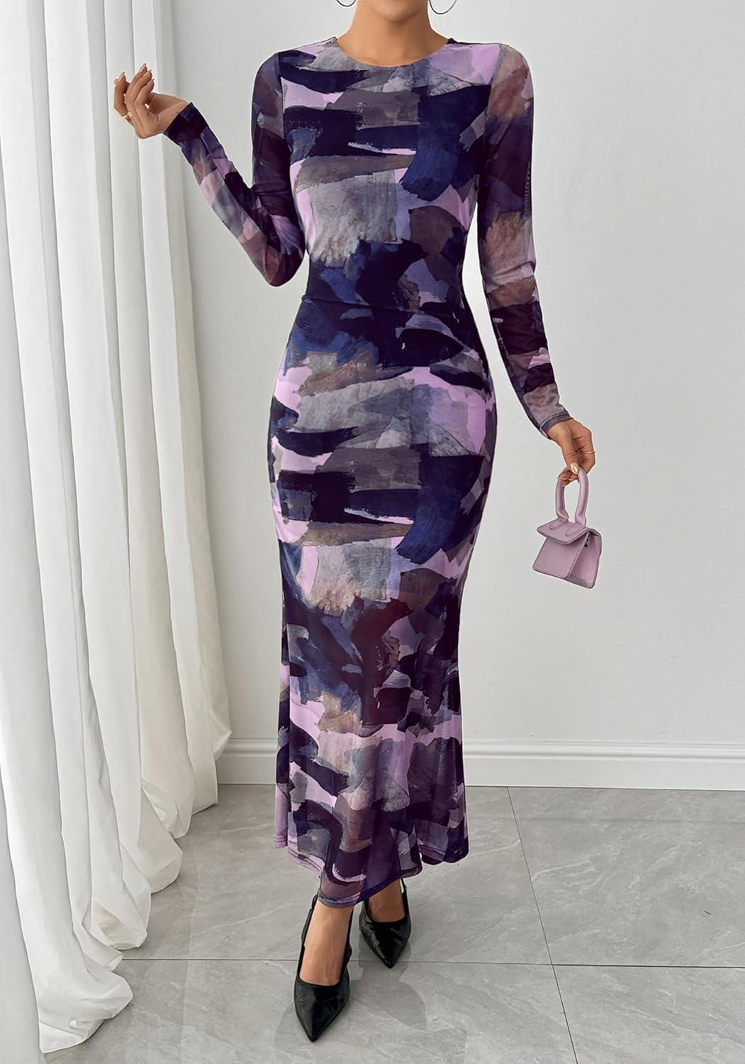 imageBTFBM Wedding Guest Dresses for Women Fall Fashion 2025 Bodycon Long Sleeve Boho Mesh Party Cocktail Floral Maxi DressNavy