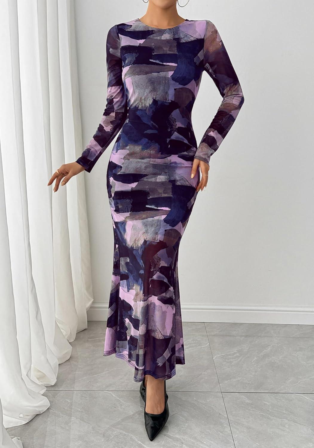 imageBTFBM Wedding Guest Dresses for Women Fall Fashion 2025 Bodycon Long Sleeve Boho Mesh Party Cocktail Floral Maxi DressNavy