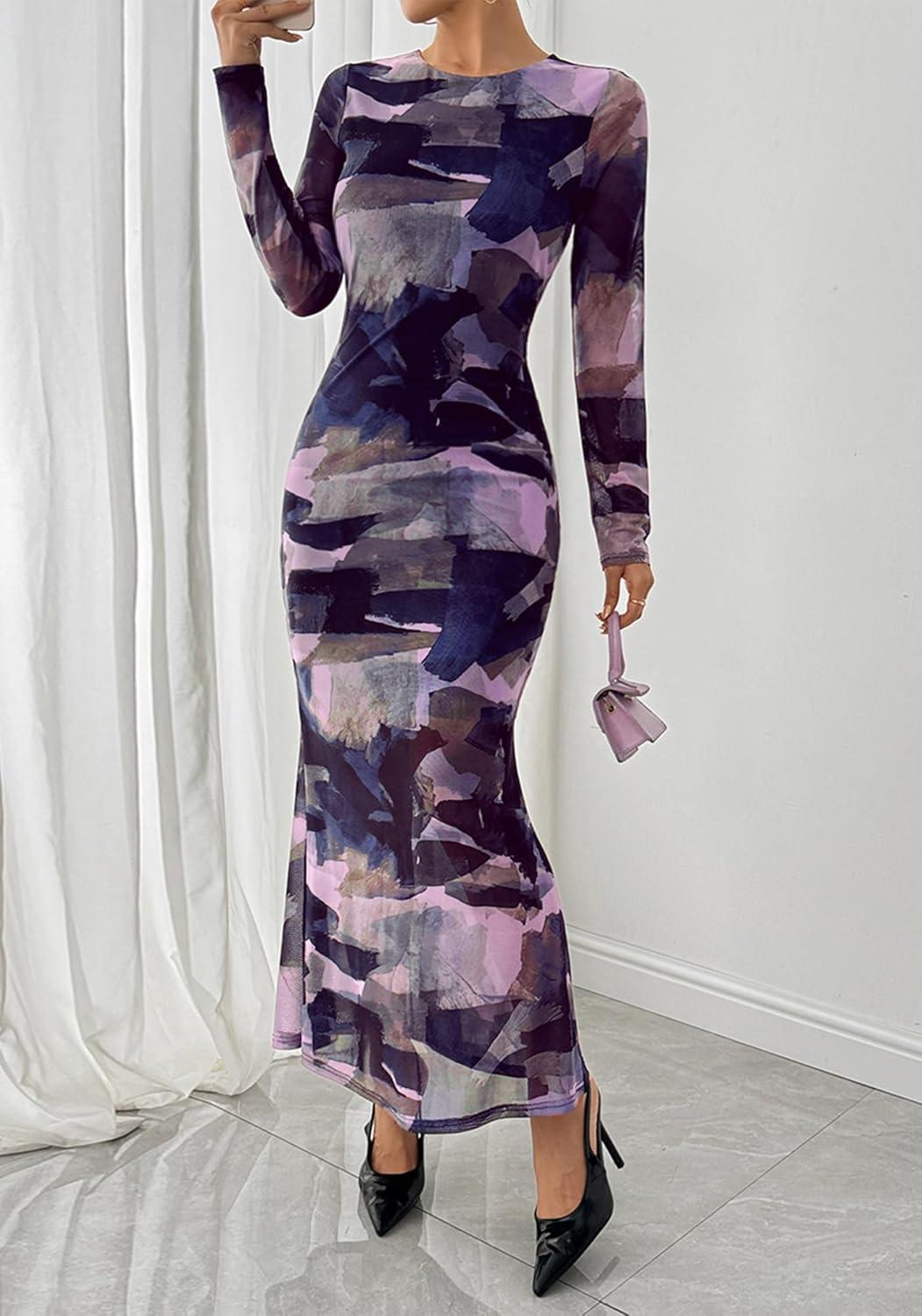 imageBTFBM Wedding Guest Dresses for Women Fall Fashion 2025 Bodycon Long Sleeve Boho Mesh Party Cocktail Floral Maxi DressNavy