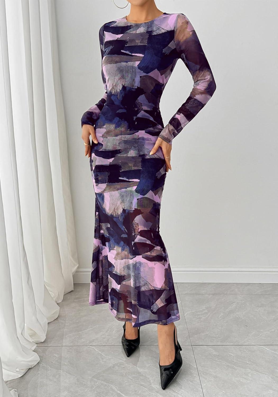imageBTFBM Wedding Guest Dresses for Women Fall Fashion 2025 Bodycon Long Sleeve Boho Mesh Party Cocktail Floral Maxi DressNavy