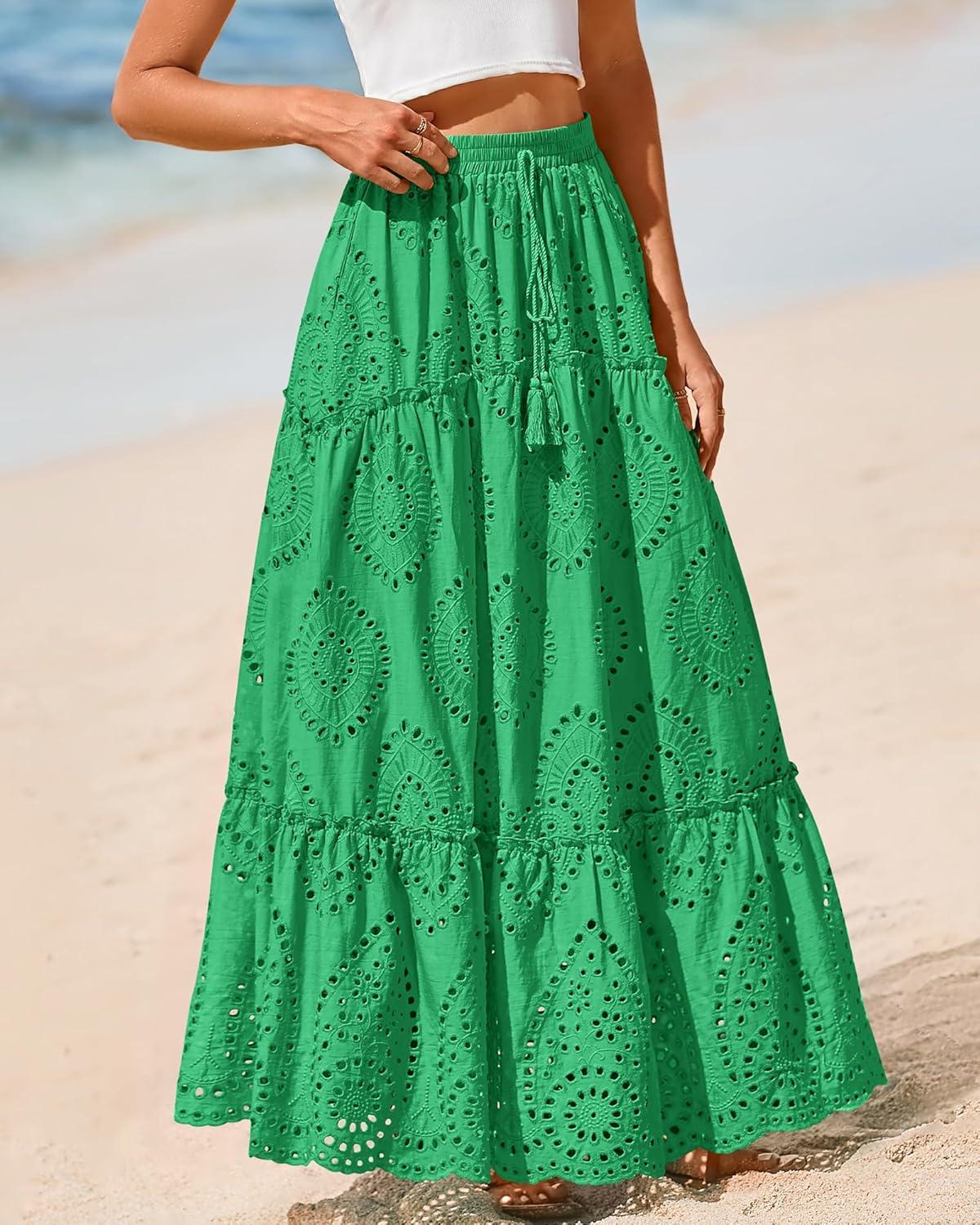 imageBTFBM Women Boho Casual Skirts Summer 2025 Lace Embroidery Eyelet Elastic Waist Flowy Tiered Beach Fall Maxi SkirtGreen