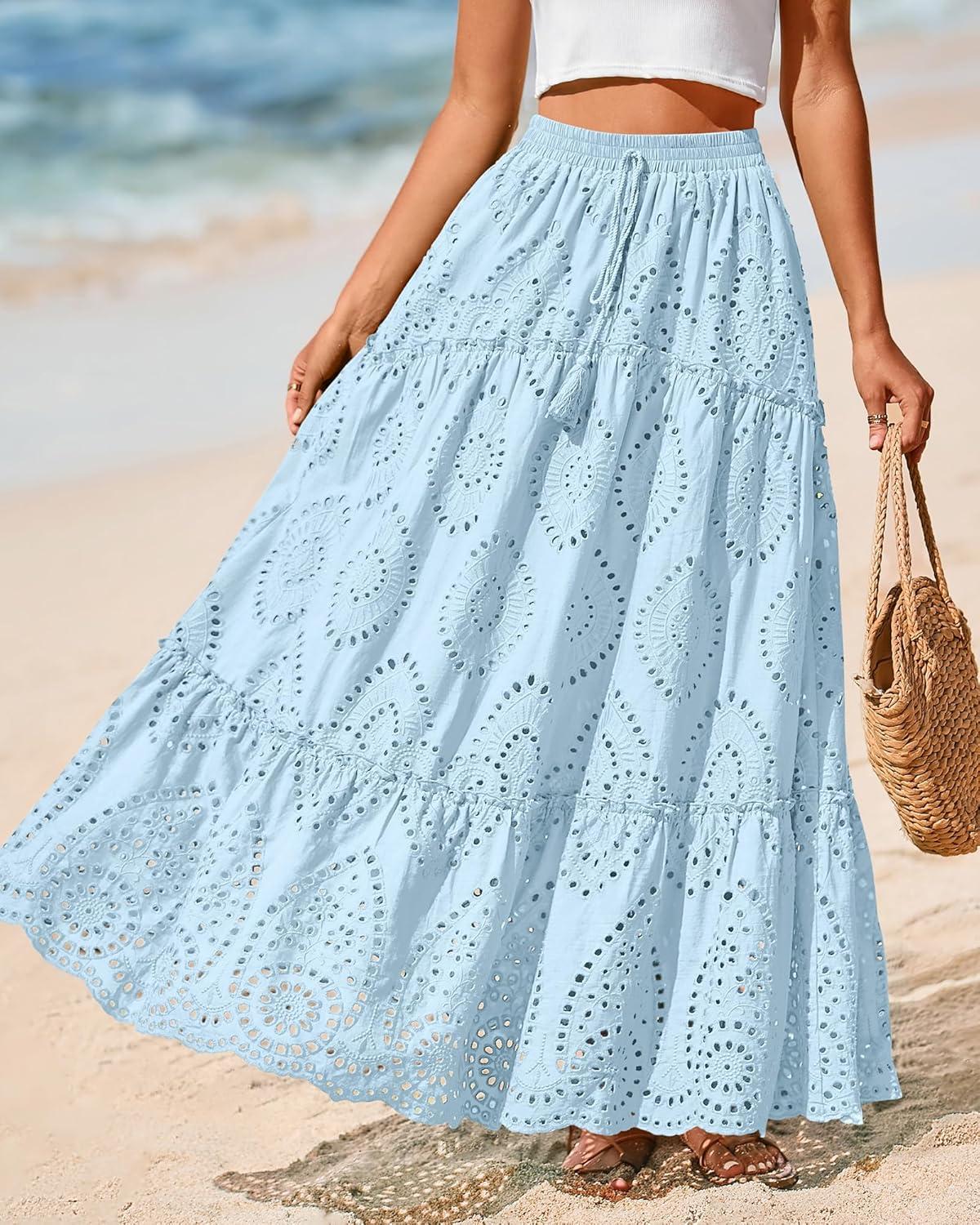 imageBTFBM Women Boho Casual Skirts Summer 2025 Lace Embroidery Eyelet Elastic Waist Flowy Tiered Beach Fall Maxi SkirtLight Blue